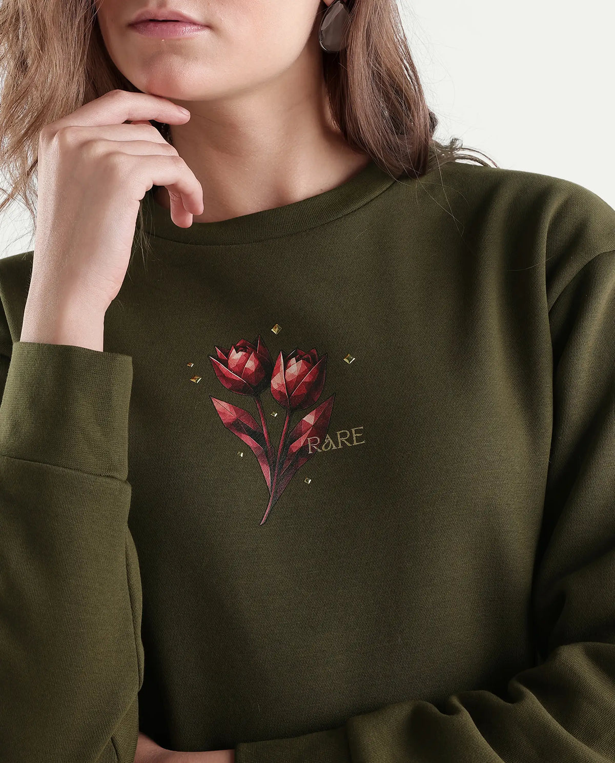 Rareism Women's Proxy Light Olive Cotton Blend Pull-On Relaxed Fit Printed Sweatshirt