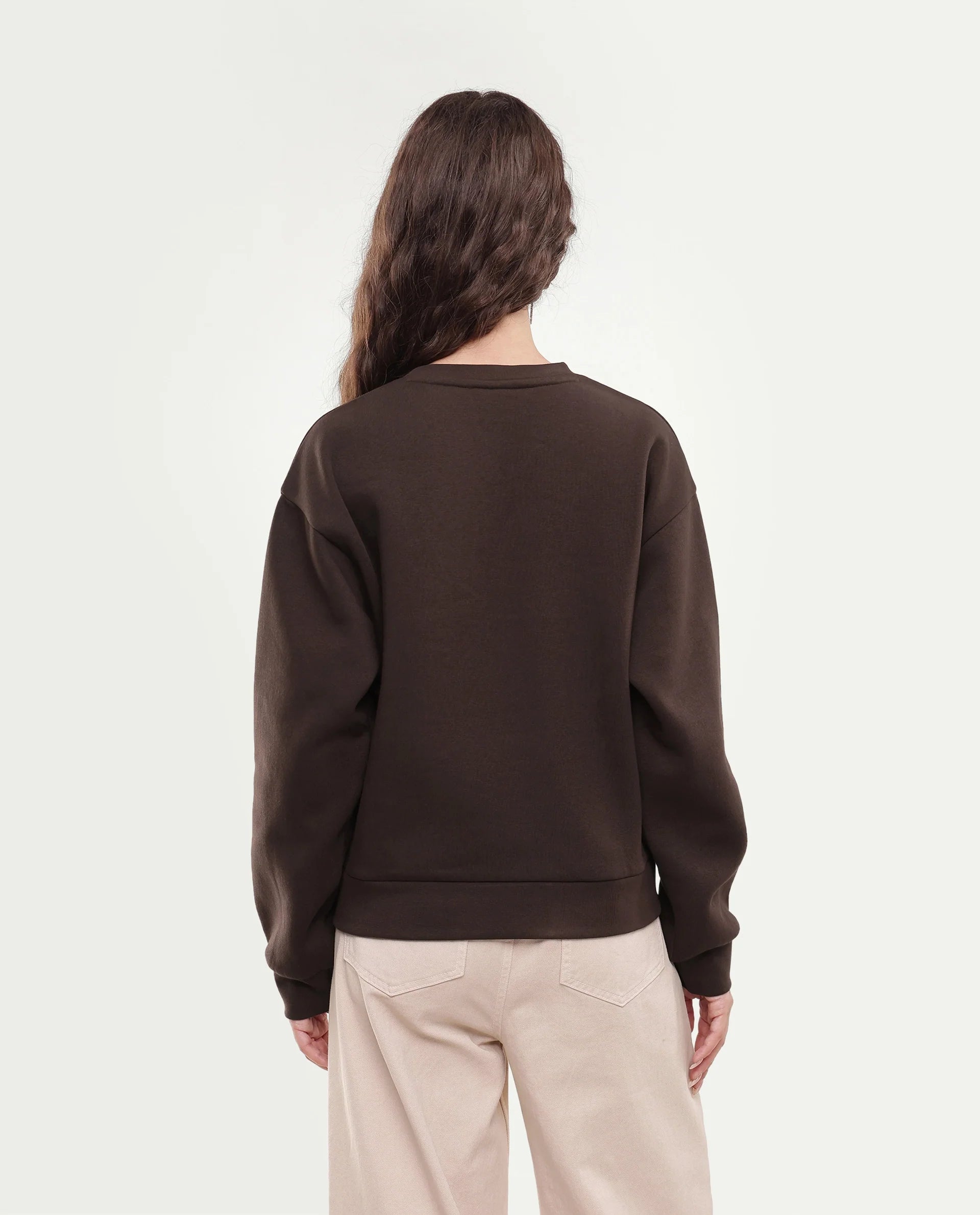 Rareism Women's Pivot Dark Brown Cotton Blend Pull-On Relaxed Fit Hd Print Sweatshirt
