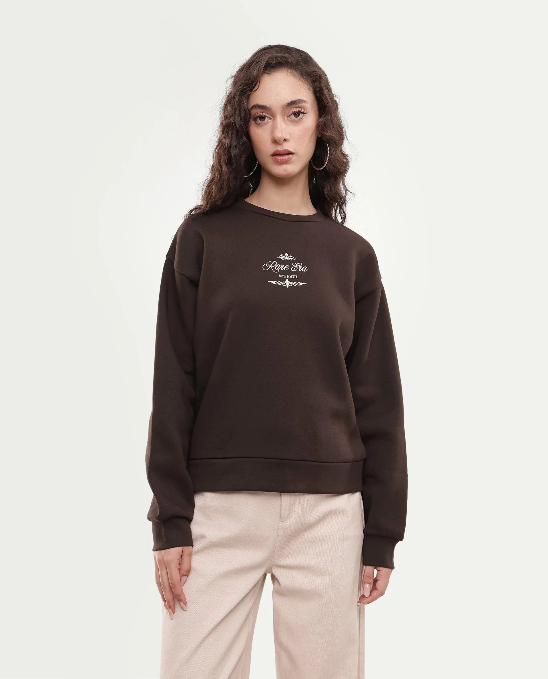Rareism Women's Pivot Dark Brown Cotton Blend Pull-On Relaxed Fit Hd Print Sweatshirt