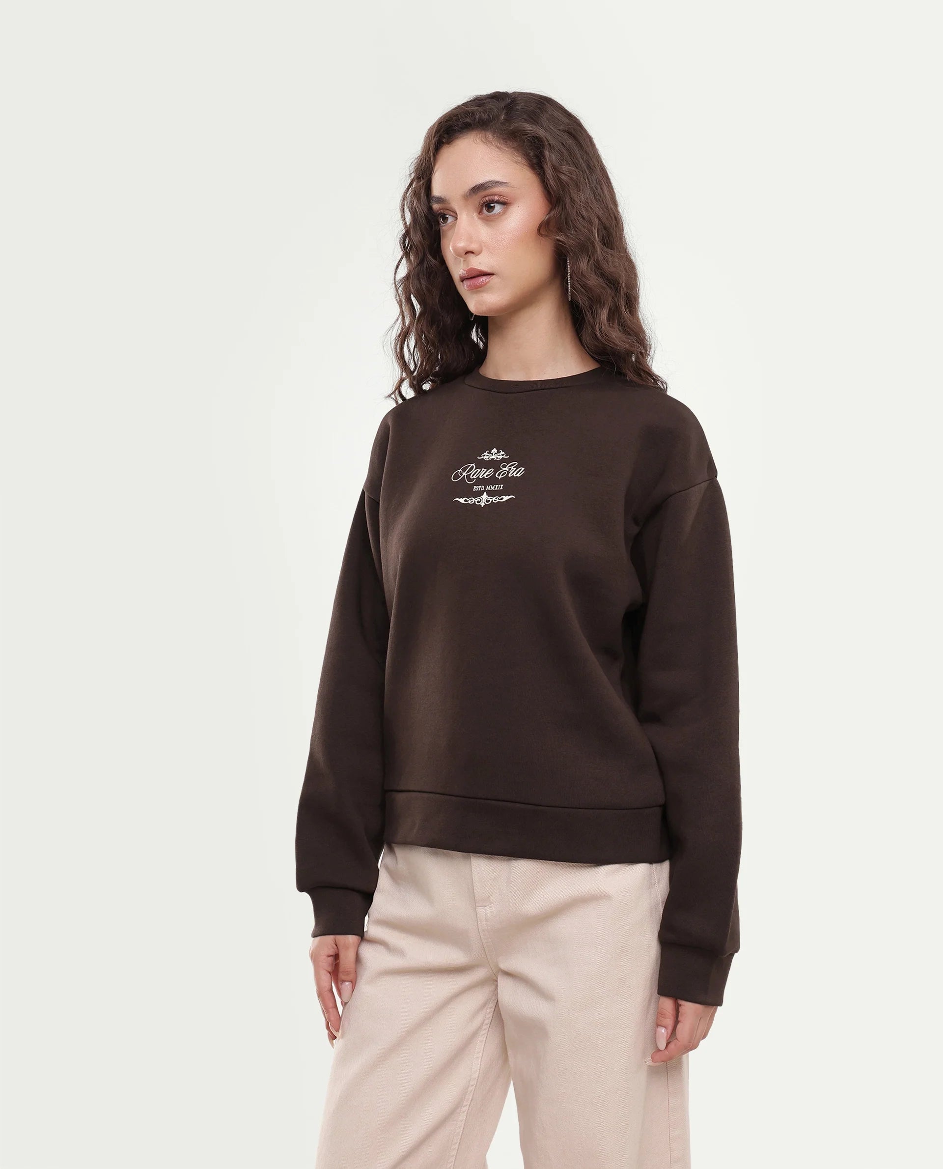 Rareism Women's Pivot Dark Brown Cotton Blend Pull-On Relaxed Fit Hd Print Sweatshirt