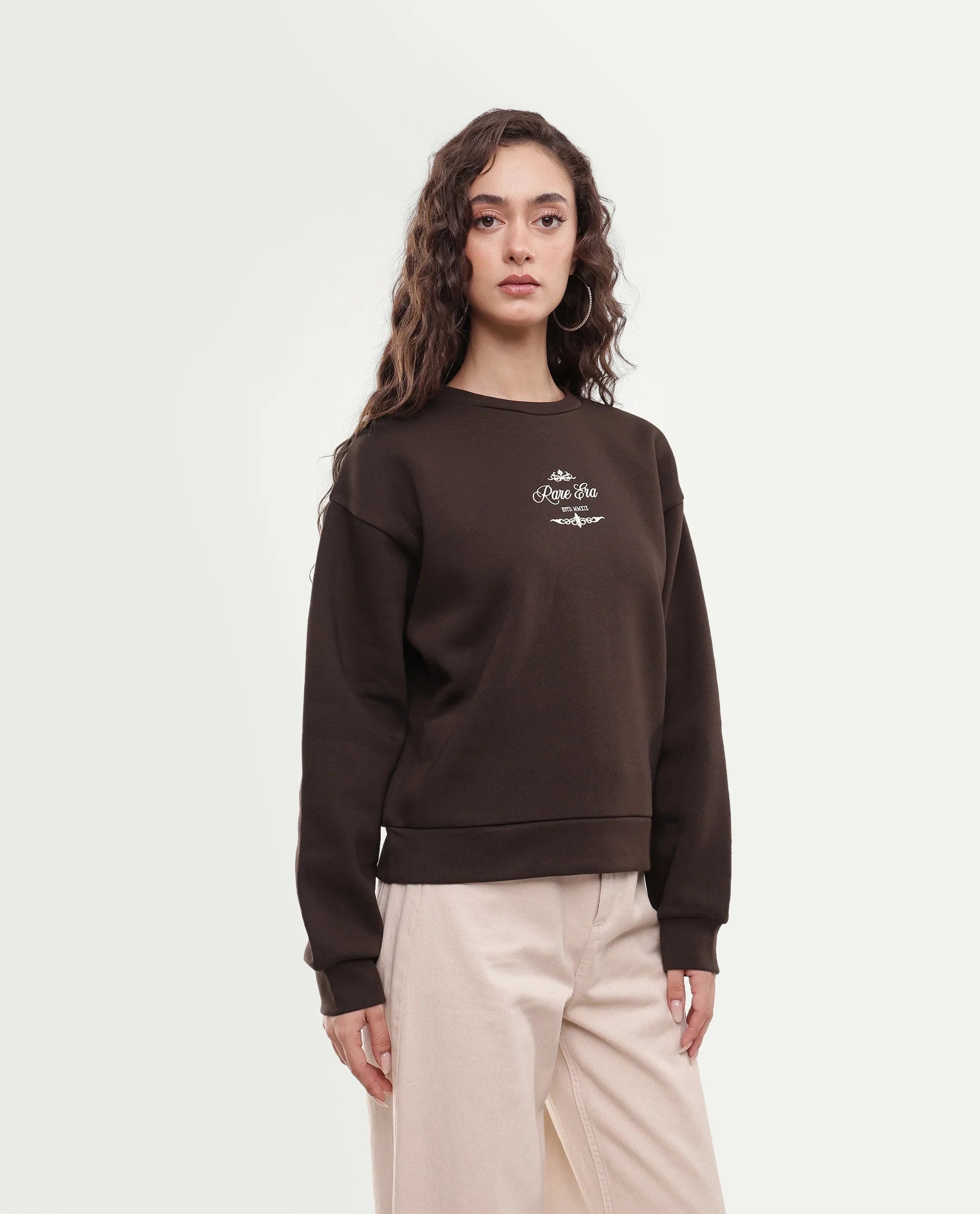 Rareism Women's Pivot Dark Brown Cotton Blend Pull-On Relaxed Fit Hd Print Sweatshirt