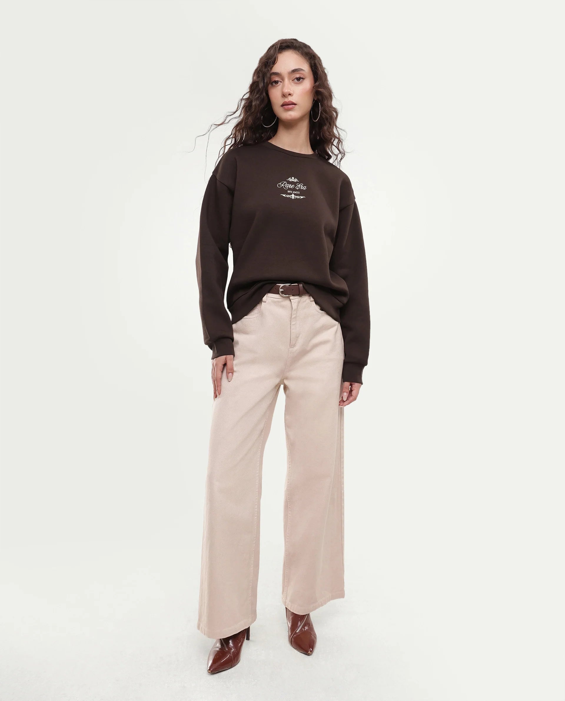 Rareism Women's Pivot Dark Brown Cotton Blend Pull-On Relaxed Fit Hd Print Sweatshirt