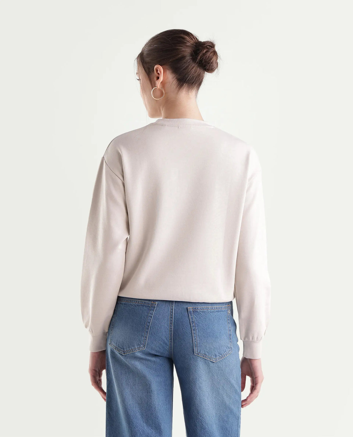 Rareism Women's Proof Light Beige Cotton Blend Pull-On Relaxed Fit Floral Print Sweatshirt