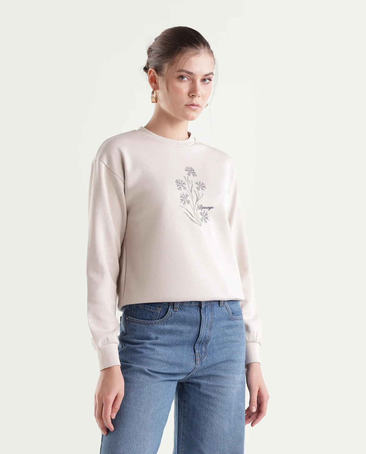 Rareism Women's Proof Light Beige Cotton Blend Pull-On Relaxed Fit Floral Print Sweatshirt