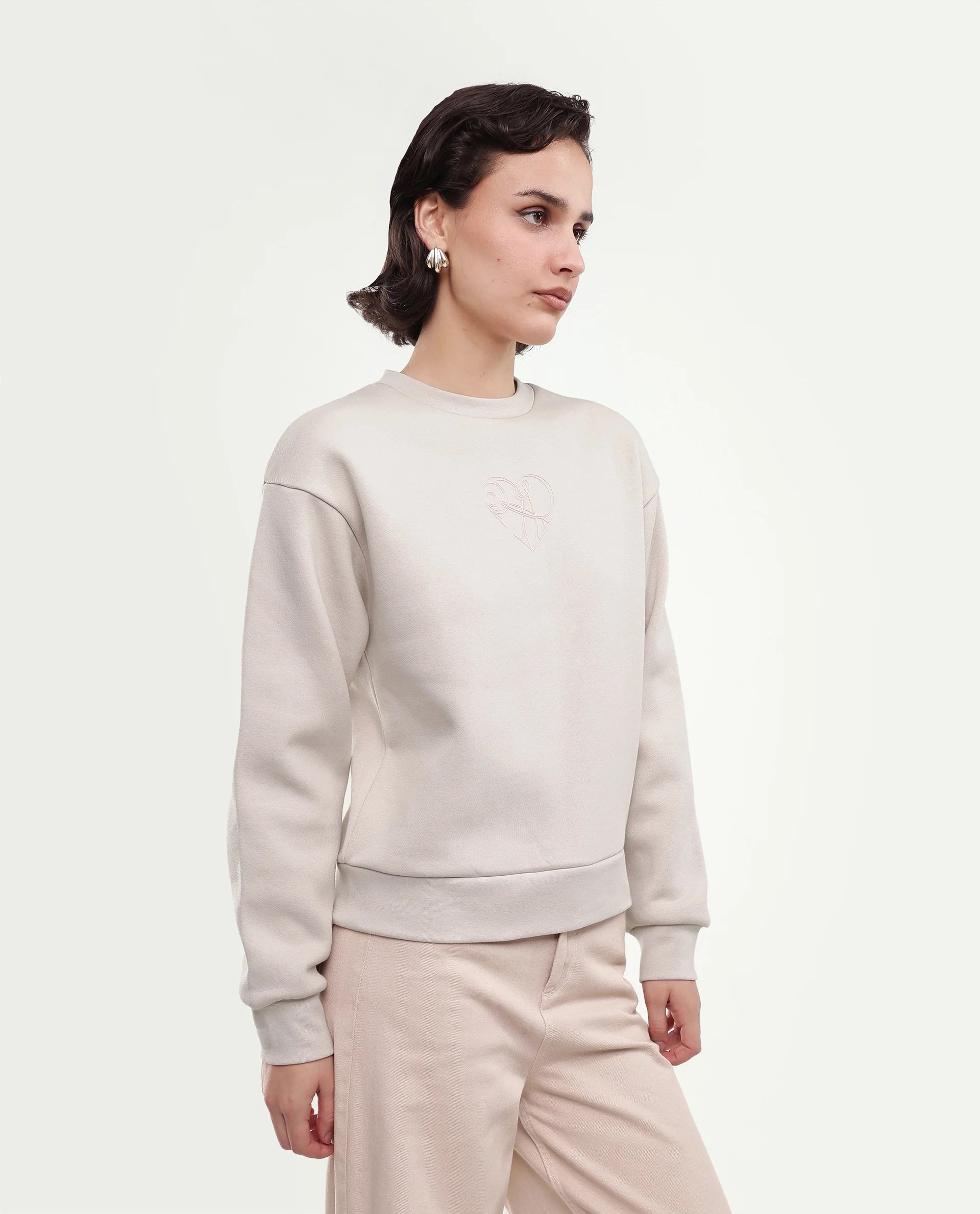 Rareism Women's Poker Light Beige Cotton Blend Pull-On Relaxed Fit Hd Print Sweatshirt