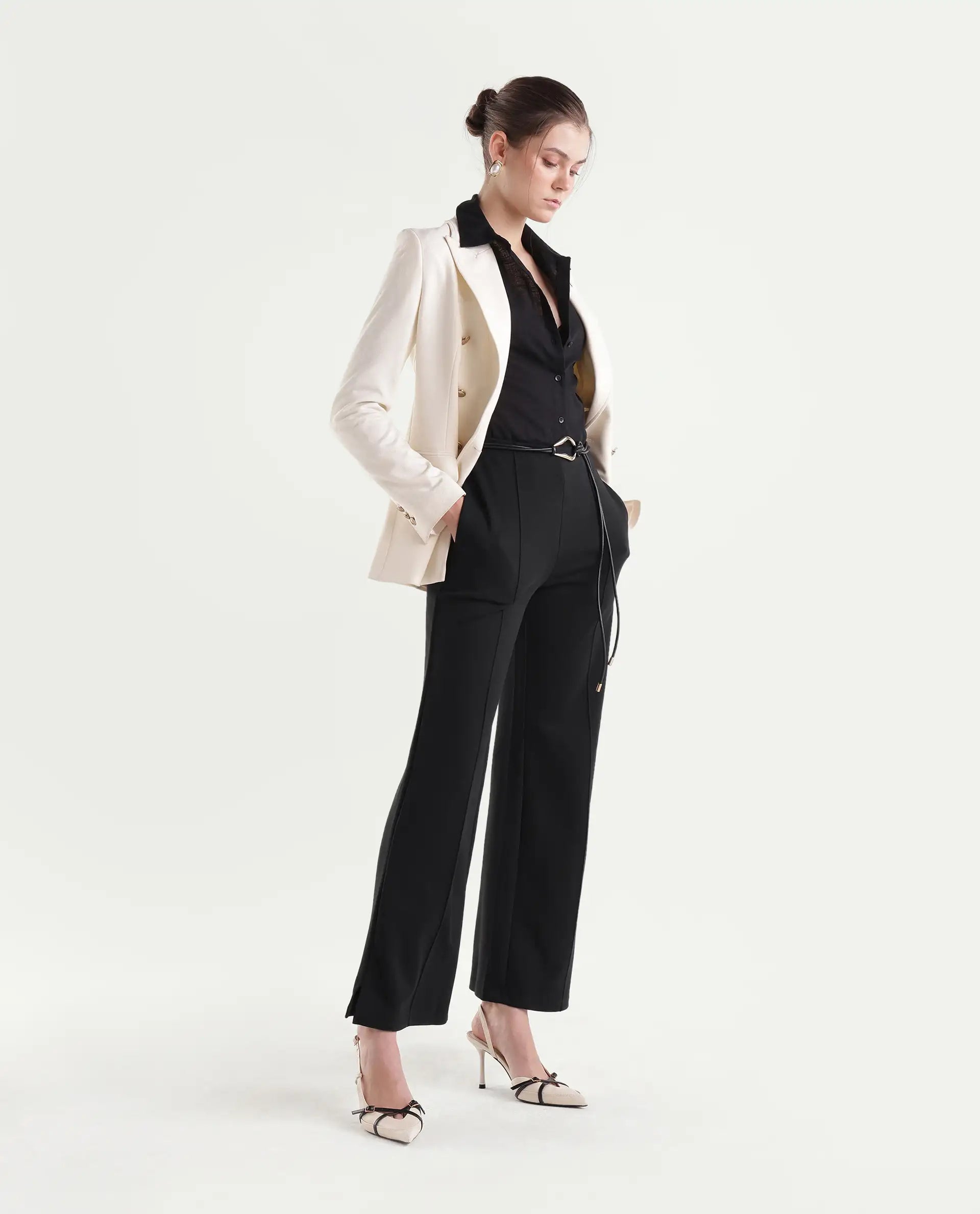 Rareism Women's Pound-B Black Cotton Blend Elastic Straight Track Pant