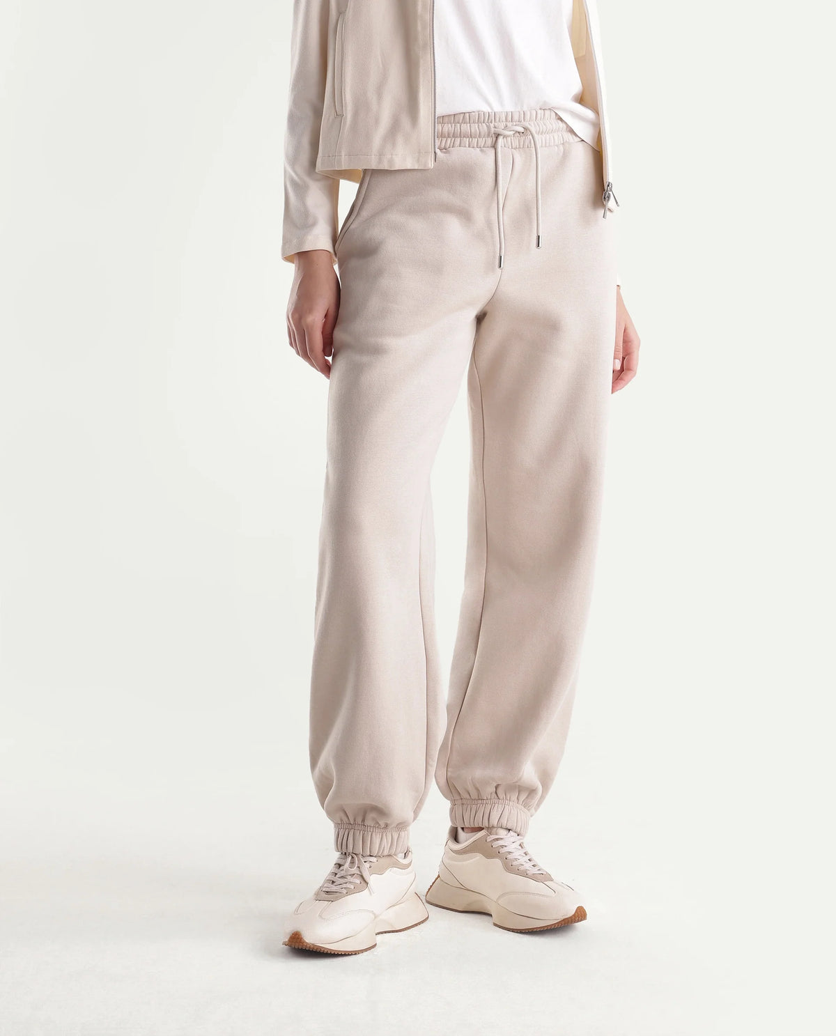 Rareism Women's Parka-B Light Beige Cotton Blend Drawstring Jogger Track Pant