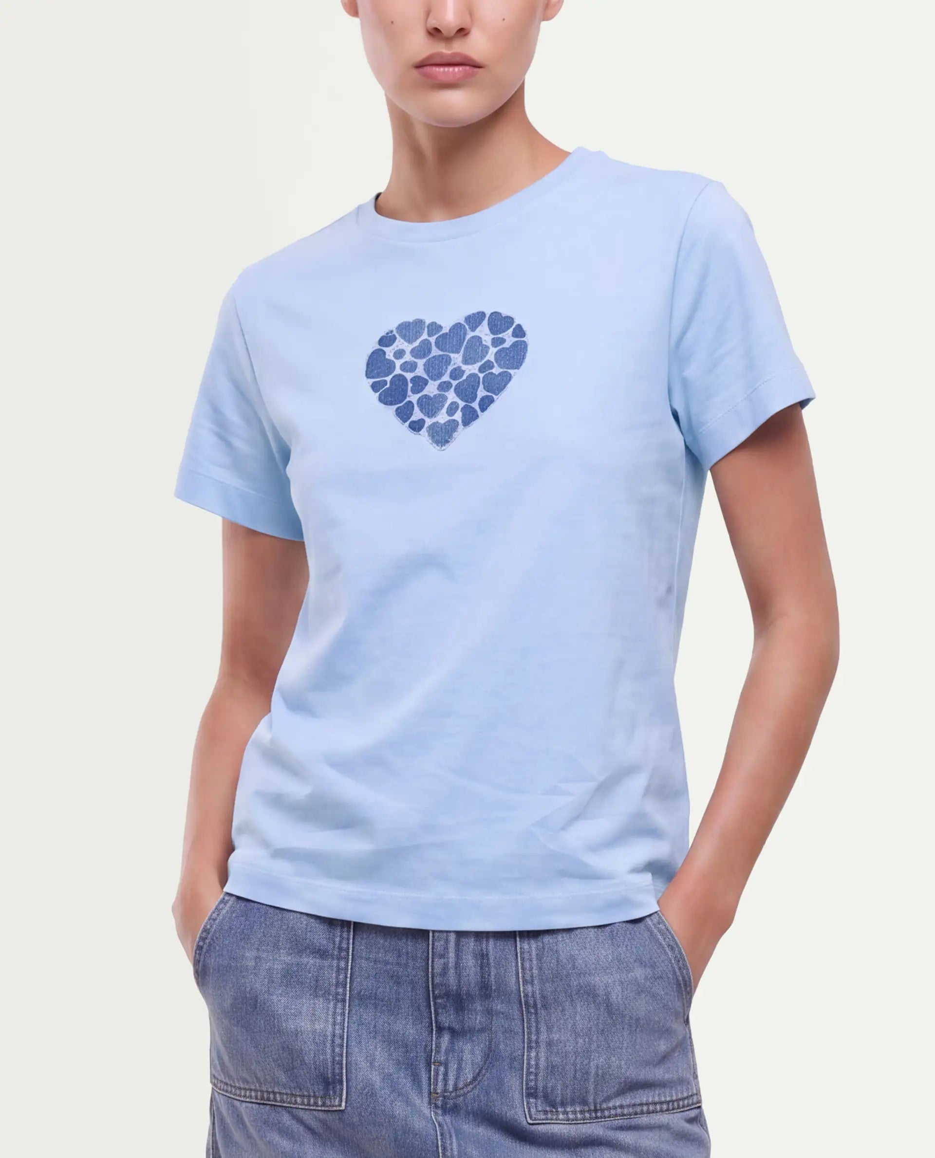 Rareism Women's Packz Light Blue Cotton Blend Pull-On Regular Fit Printed T-Shirt