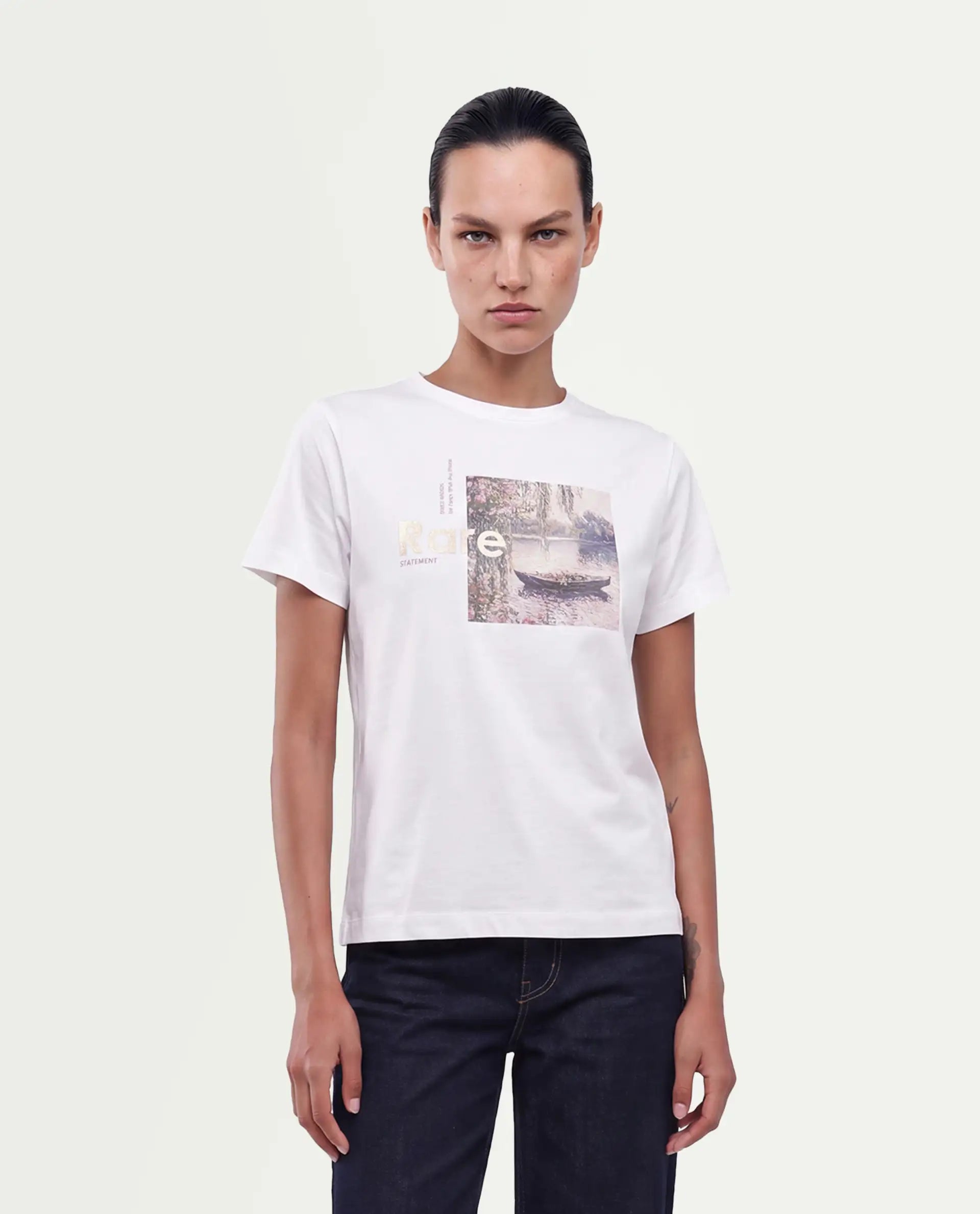 Rareism Women's Pitch Off White Cotton Blend Pull-On Regular Fit Digital Print T-Shirt