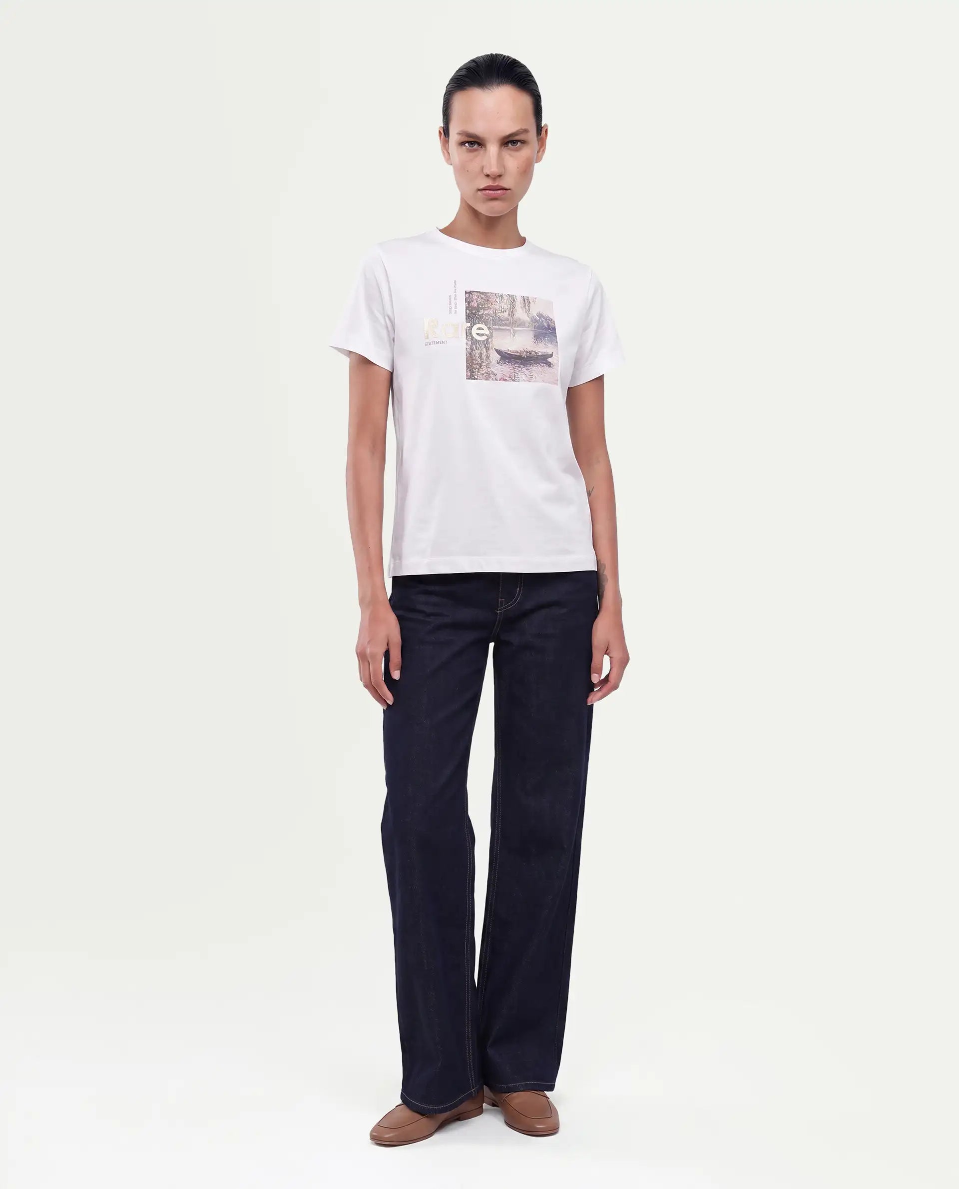 Rareism Women's Pitch Off White Cotton Blend Pull-On Regular Fit Digital Print T-Shirt
