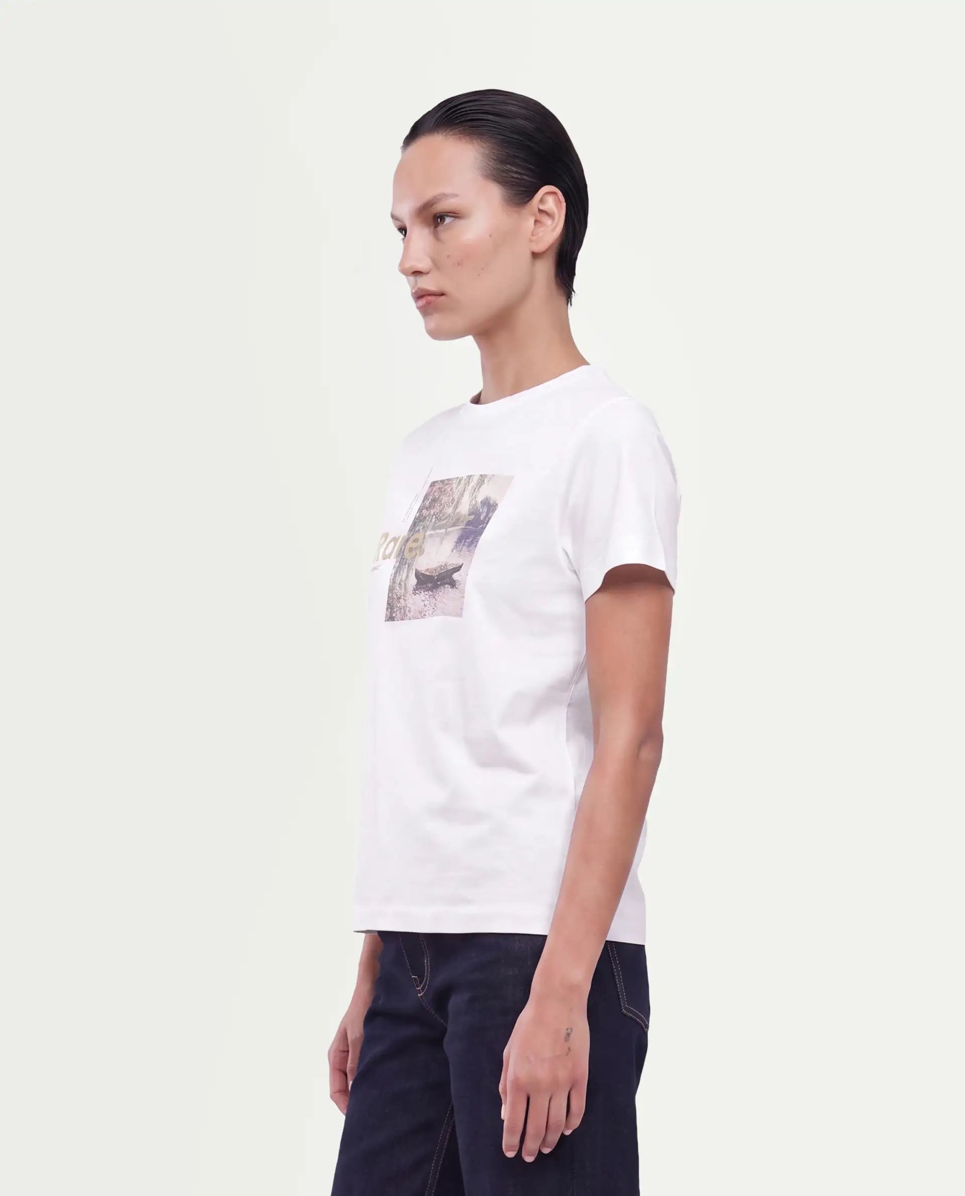 Rareism Women's Pitch Off White Cotton Blend Pull-On Regular Fit Digital Print T-Shirt