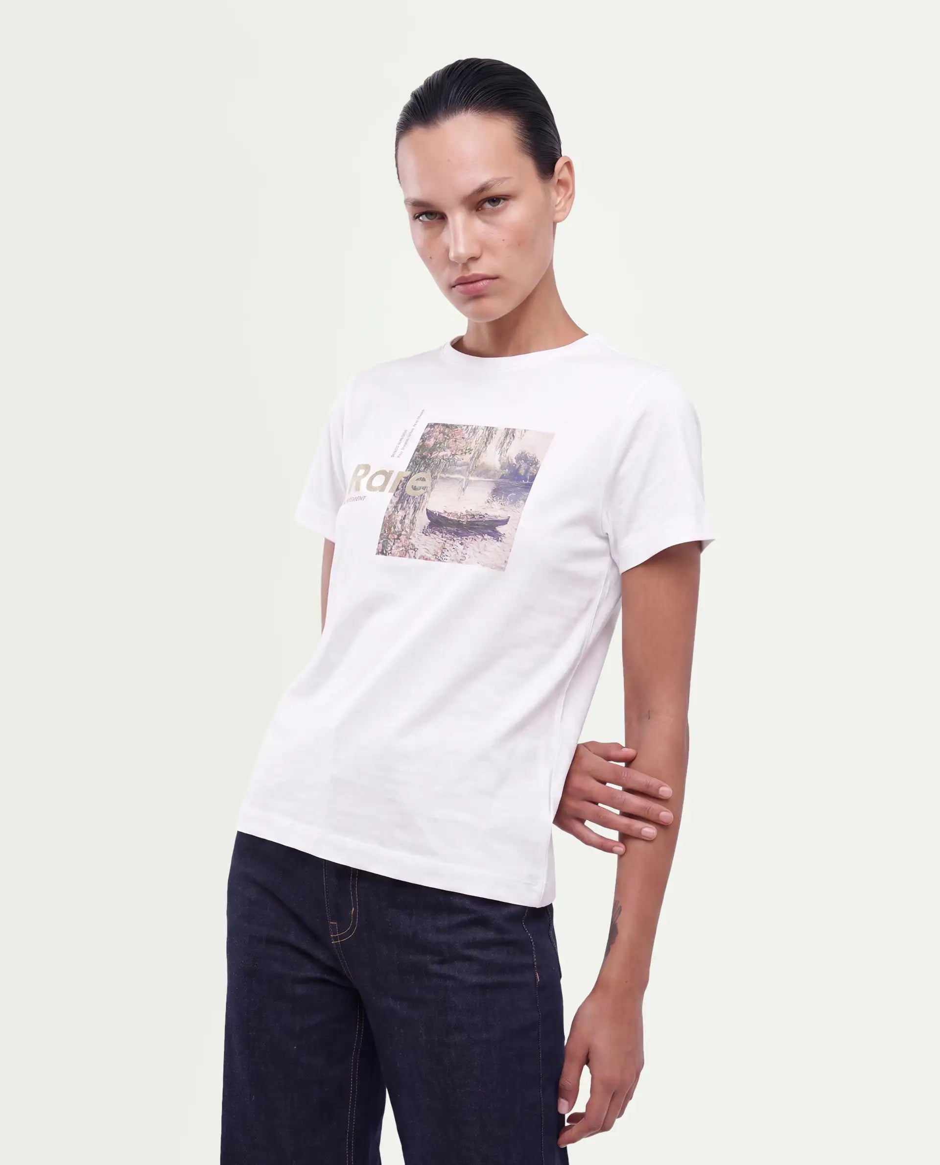 Rareism Women's Pitch Off White Cotton Blend Pull-On Regular Fit Digital Print T-Shirt
