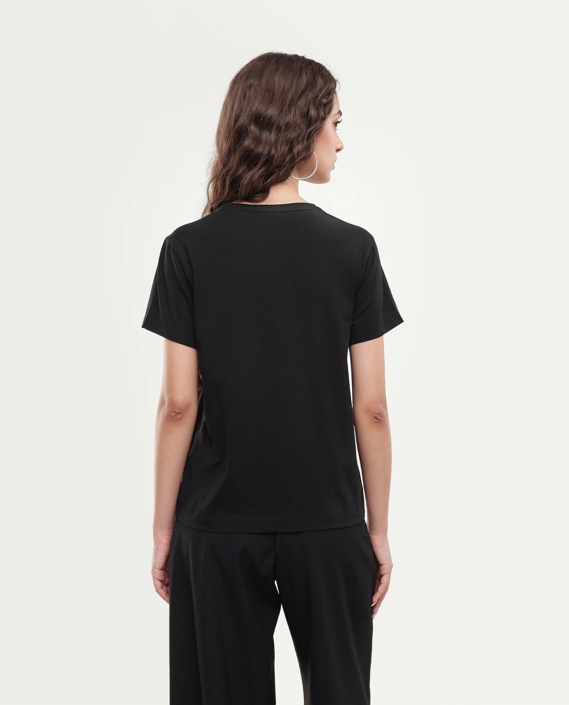 Rareism Women's Pleeve Black Cotton Blend Pull-On Regular Fit Printed T-Shirt