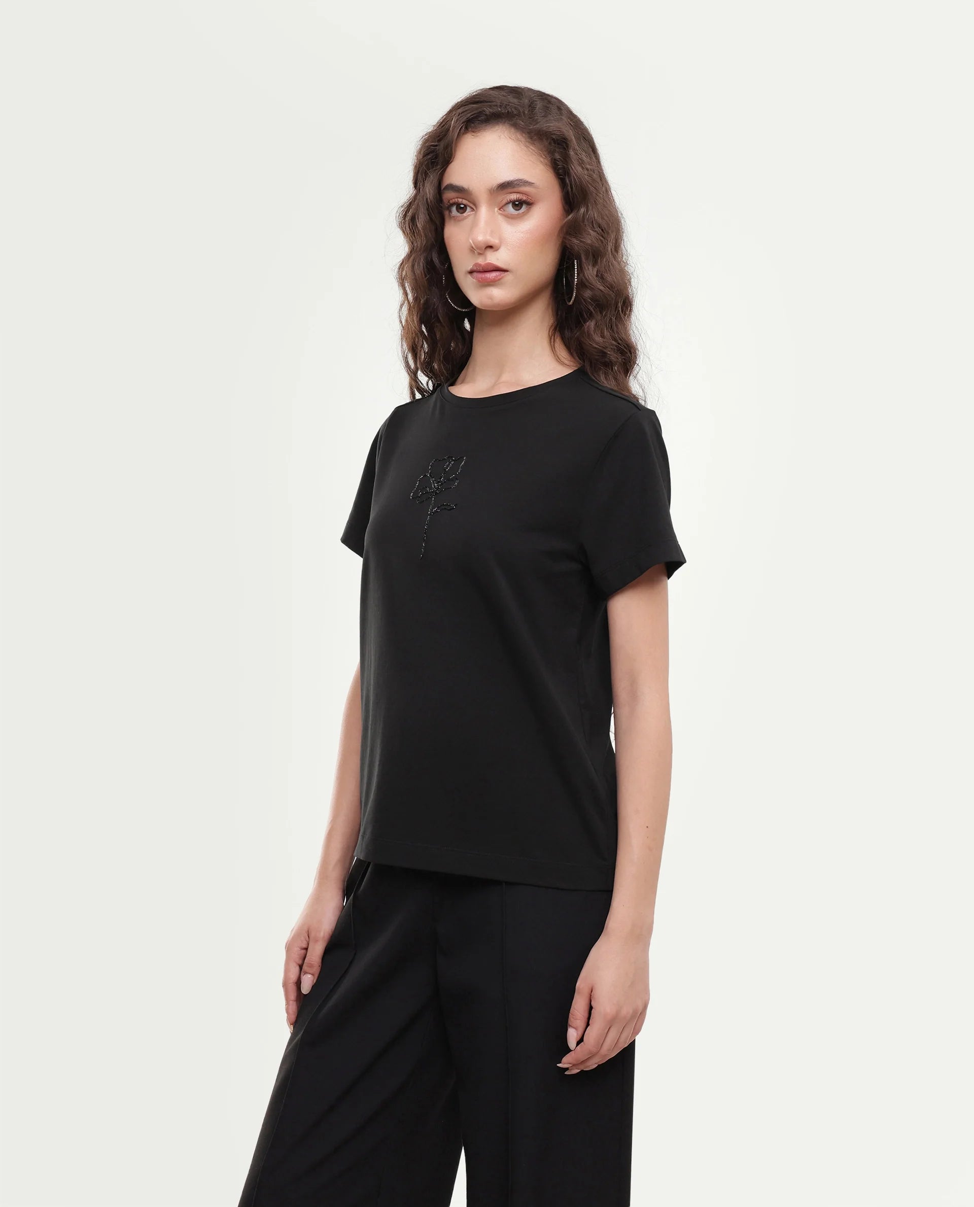 Rareism Women's Pleeve Black Cotton Blend Pull-On Regular Fit Printed T-Shirt