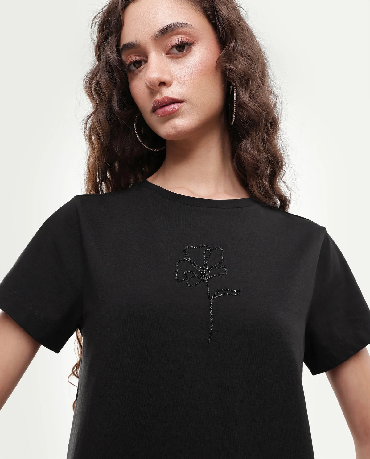 Rareism Women's Pleeve Black Cotton Blend Pull-On Regular Fit Printed T-Shirt