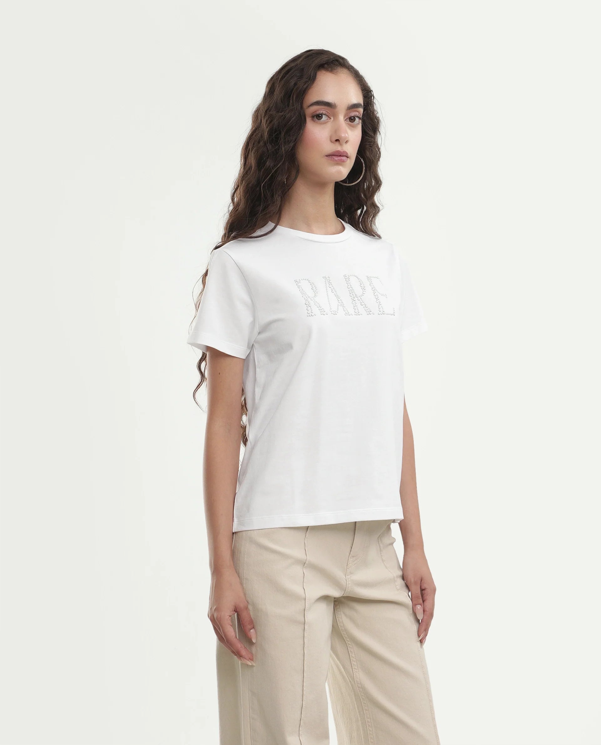 Rareism Women's Pearlo Off White Cotton Blend Pull-On Regular Fit Printed T-Shirt