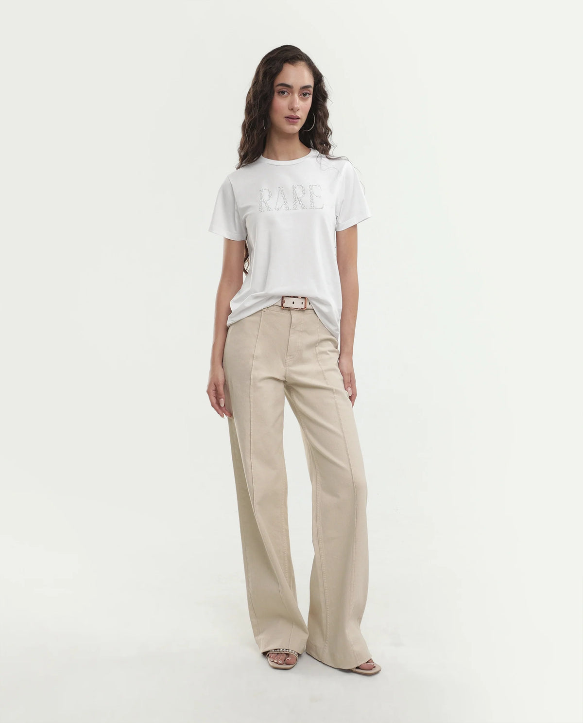 Rareism Women's Pearlo Off White Cotton Blend Pull-On Regular Fit Printed T-Shirt