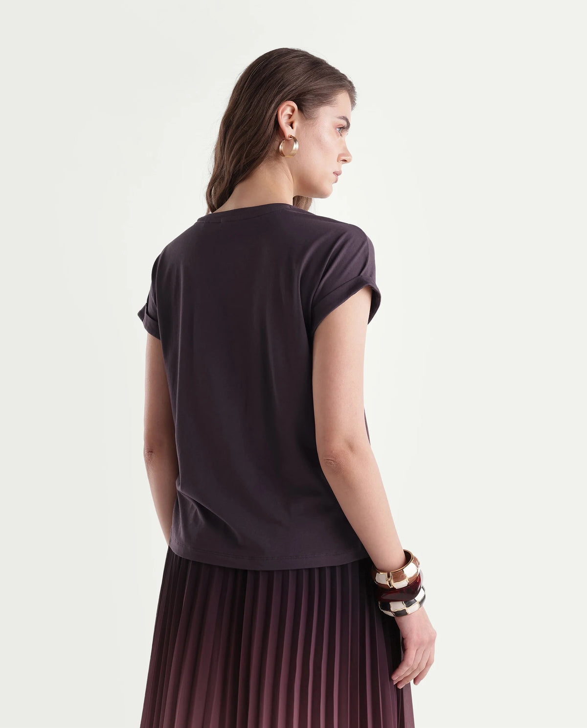 Rareism Women's Pline Dark Purple Cotton Blend Pull-On Relaxed Fit Embroidered T-Shirt