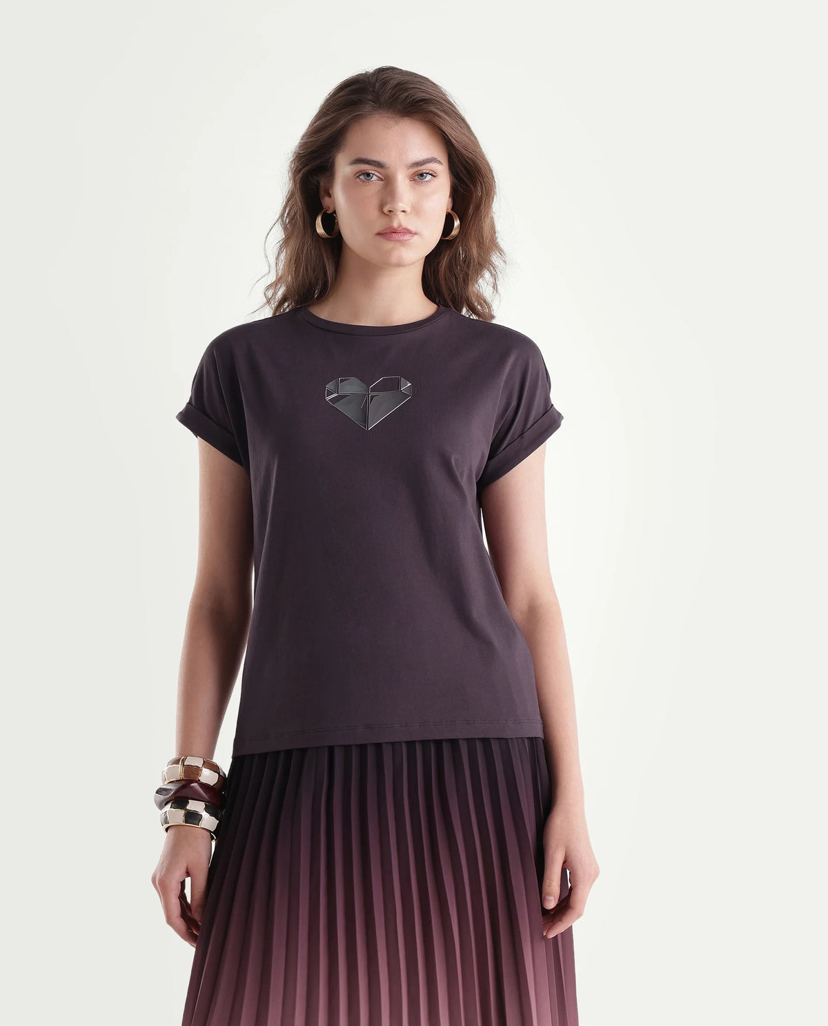 Rareism Women's Pline Dark Purple Cotton Blend Pull-On Relaxed Fit Embroidered T-Shirt