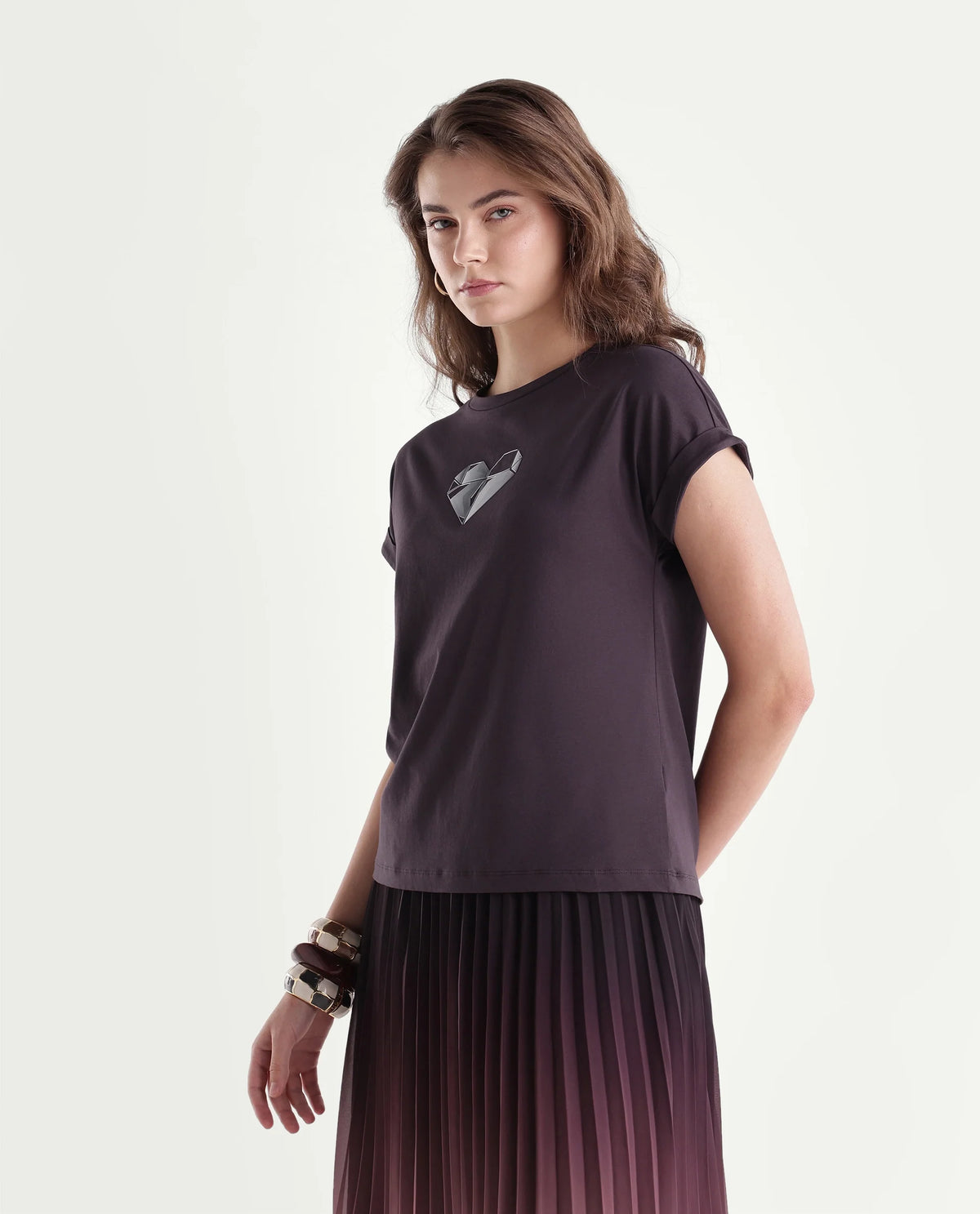 Rareism Women's Pline Dark Purple Cotton Blend Pull-On Relaxed Fit Embroidered T-Shirt