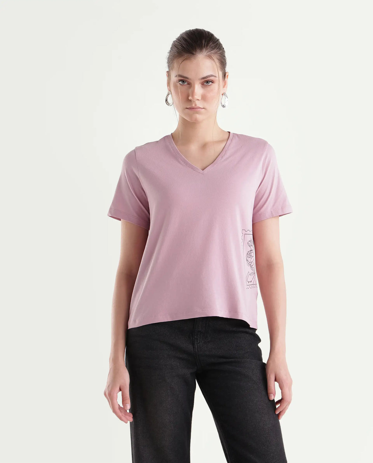 Rareism Women's Pecko Dusky Pink Cotton Blend Pull-On Relaxed Fit Printed T-Shirt