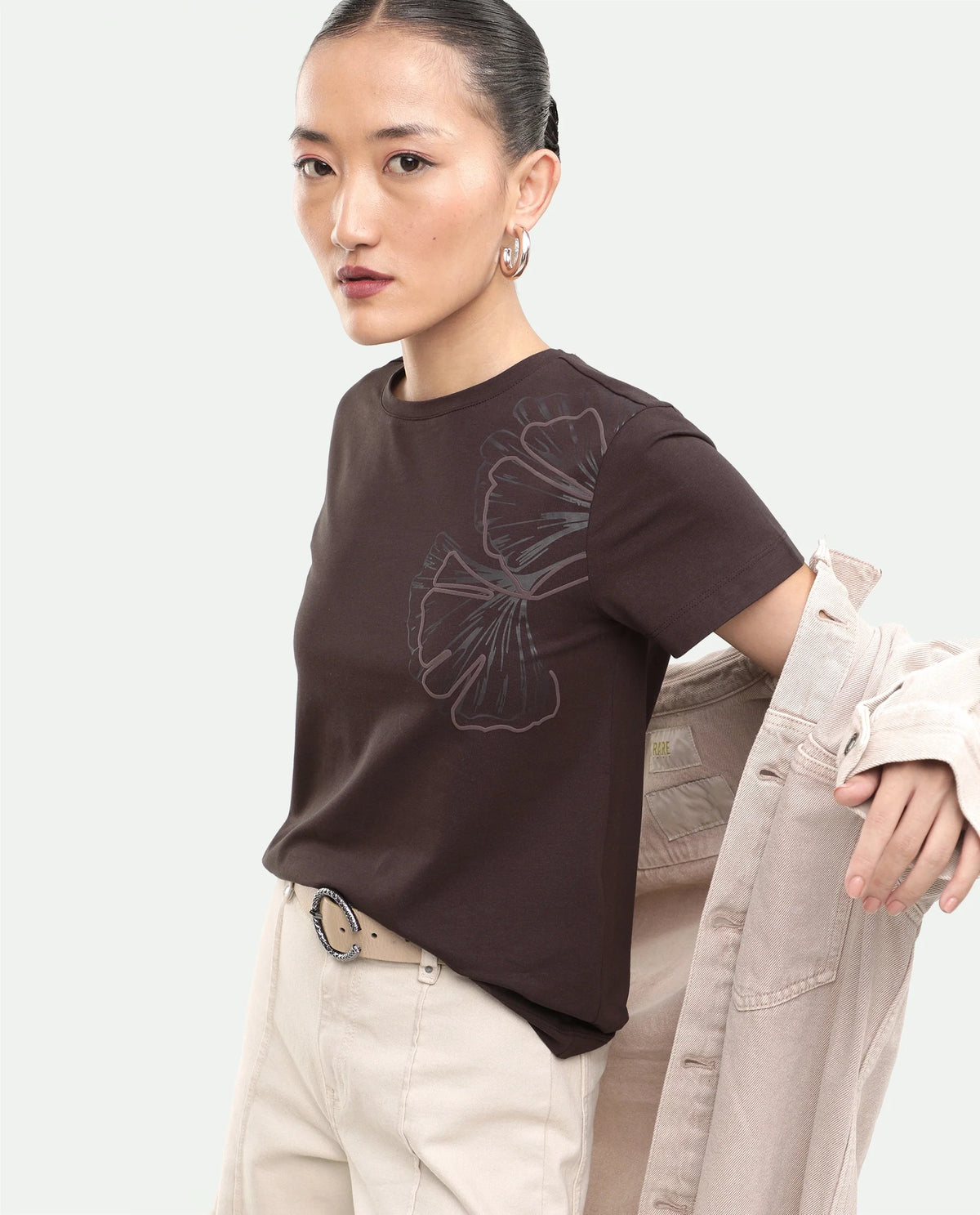 Rareism Women's Puncho Dark Brown Cotton Blend Pull-On Regular Fit Printed T-Shirt