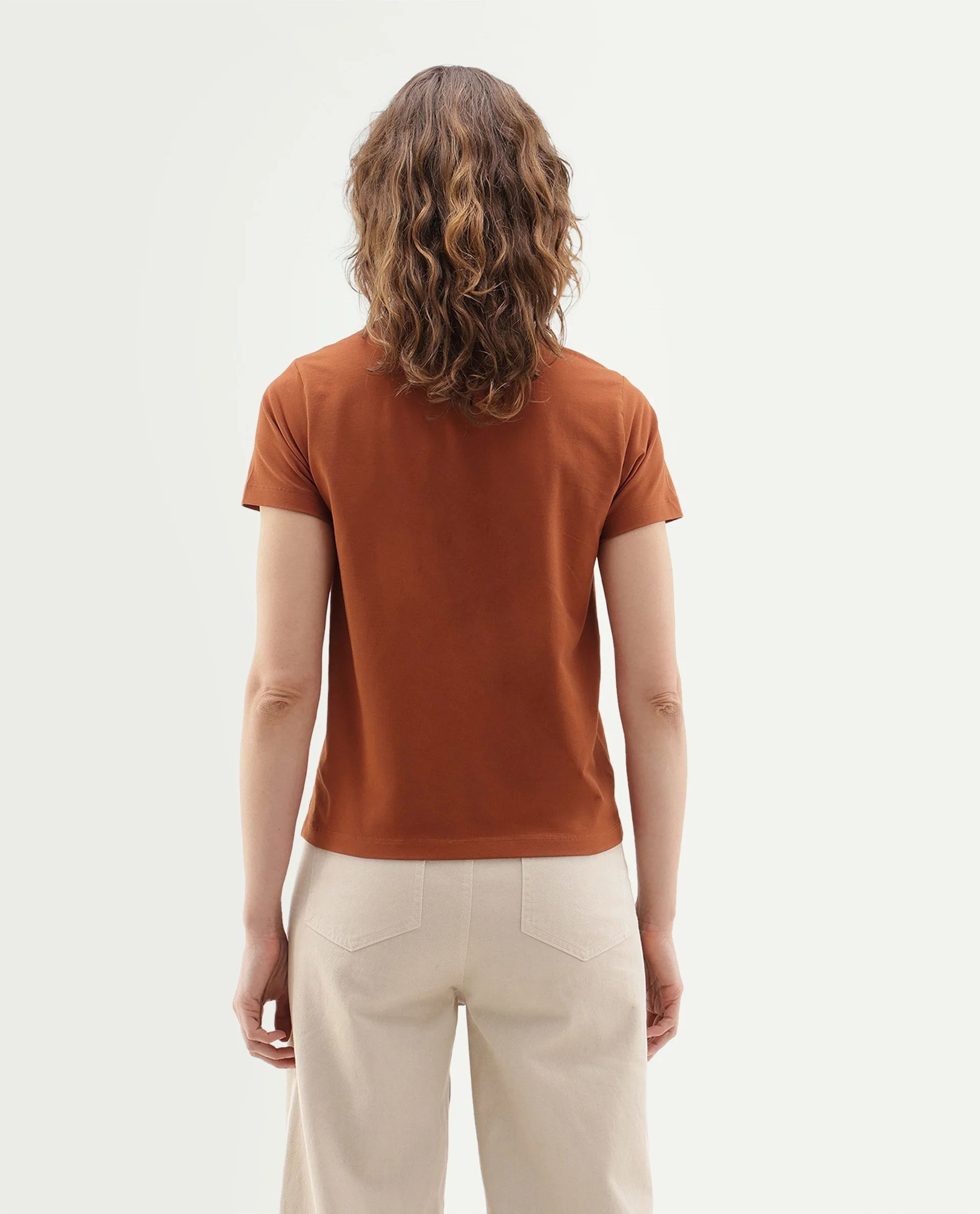 Rareism Women's Pail Dark Orange Cotton Blend Pull-On Regular Fit Digital Print T-Shirt