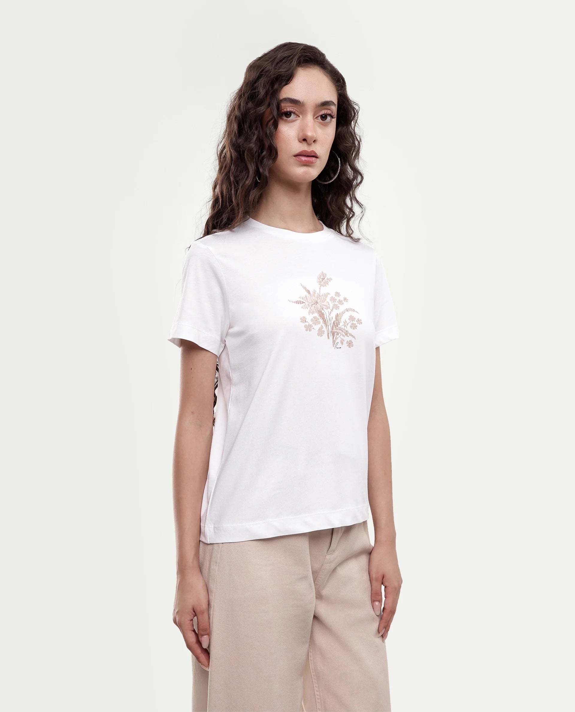 Rareism Women's Poco Off White Cotton Pull-On Regular Fit Printed T-Shirt