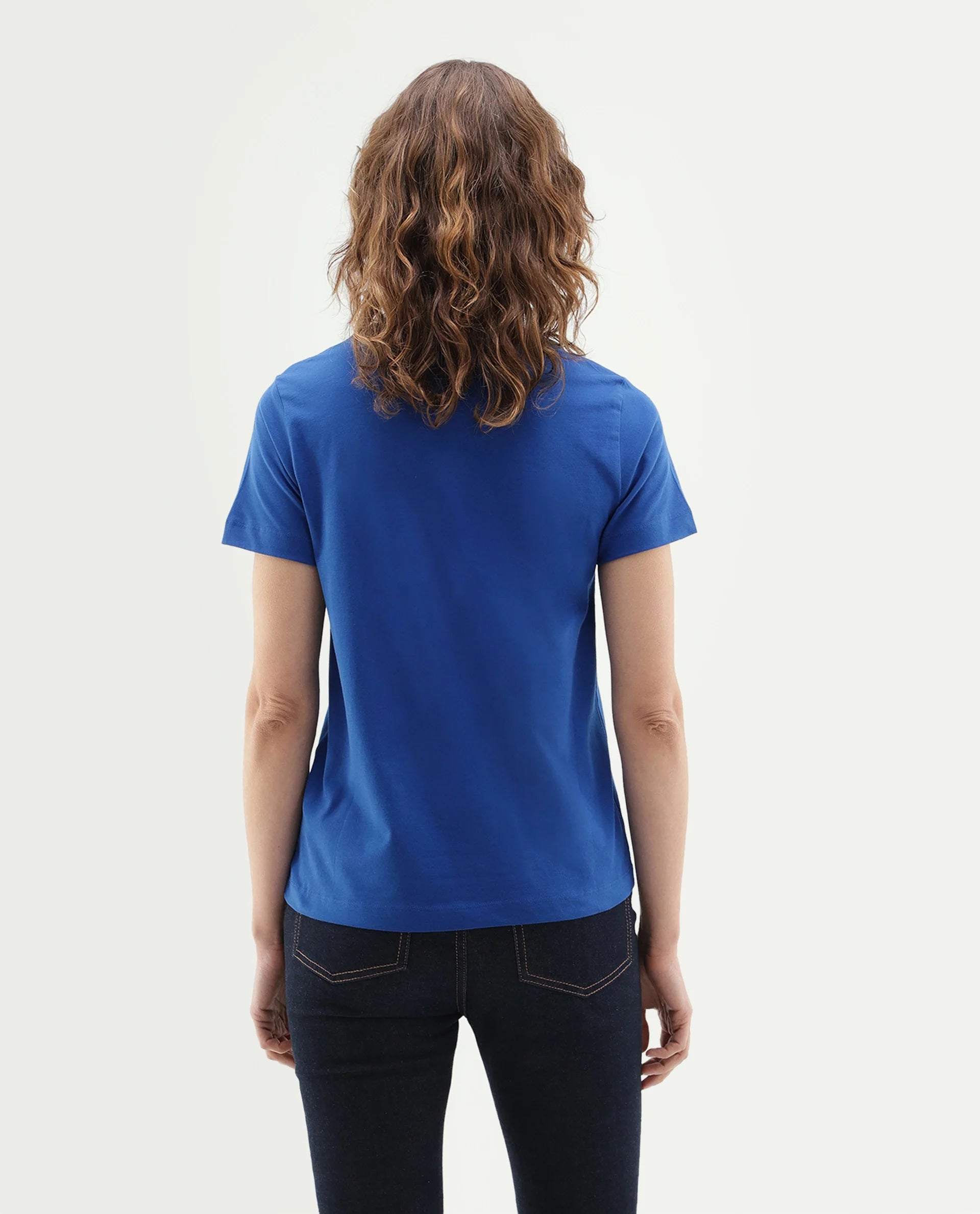 Rareism Women's Pots Dark Blue Cotton Pull-On Regular Fit Typography Print T-Shirt