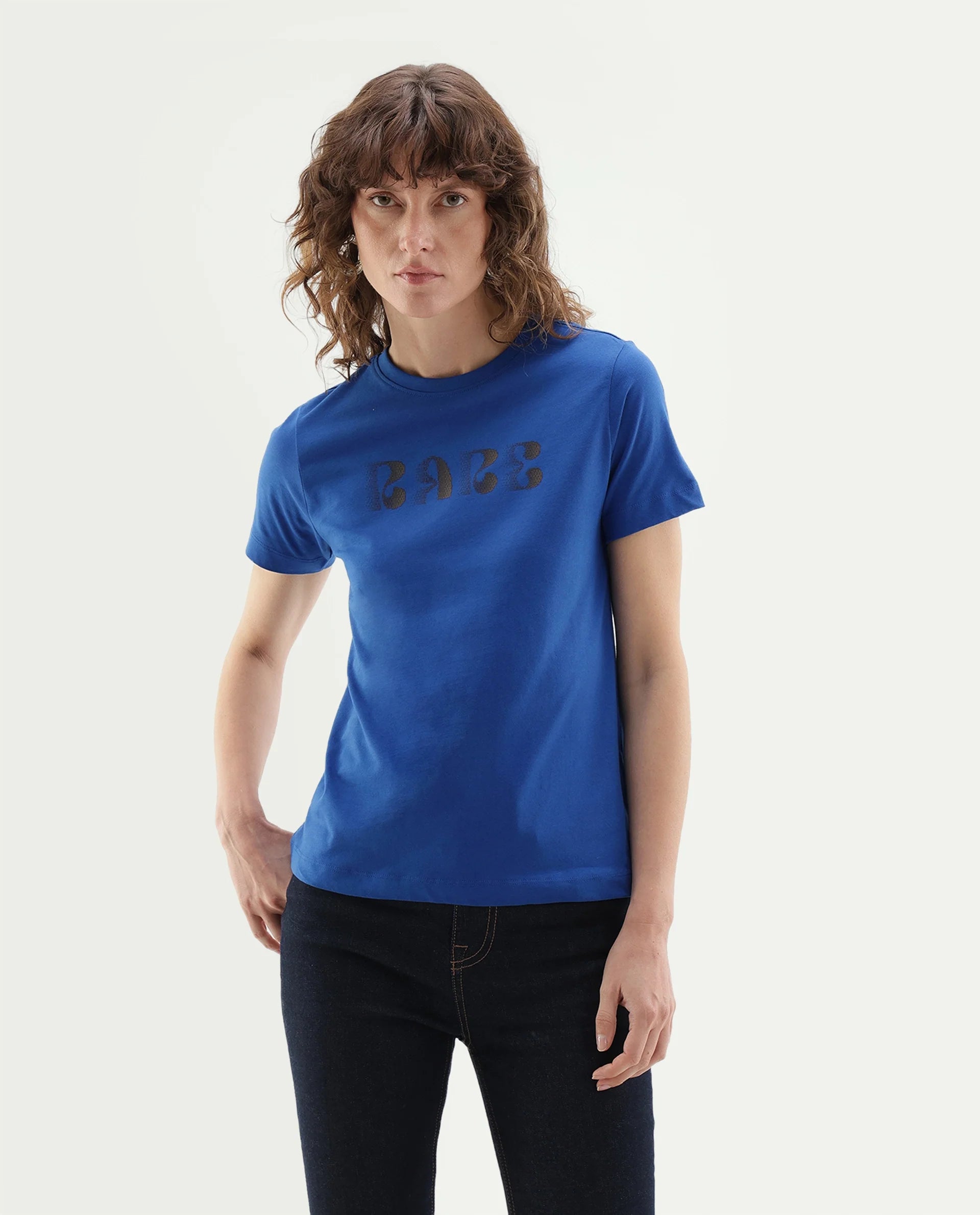 Rareism Women's Pots Dark Blue Cotton Pull-On Regular Fit Typography Print T-Shirt