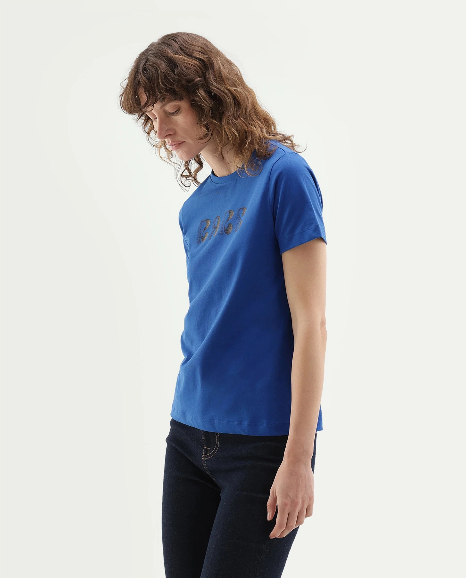 Rareism Women's Pots Dark Blue Cotton Pull-On Regular Fit Typography Print T-Shirt