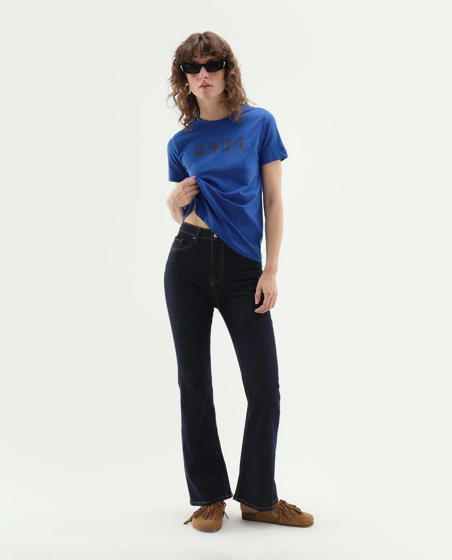 Rareism Women's Pots Dark Blue Cotton Pull-On Regular Fit Typography Print T-Shirt