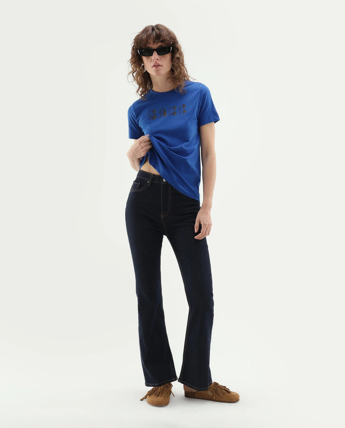 Rareism Women's Pots Dark Blue Cotton Pull-On Regular Fit Typography Print T-Shirt