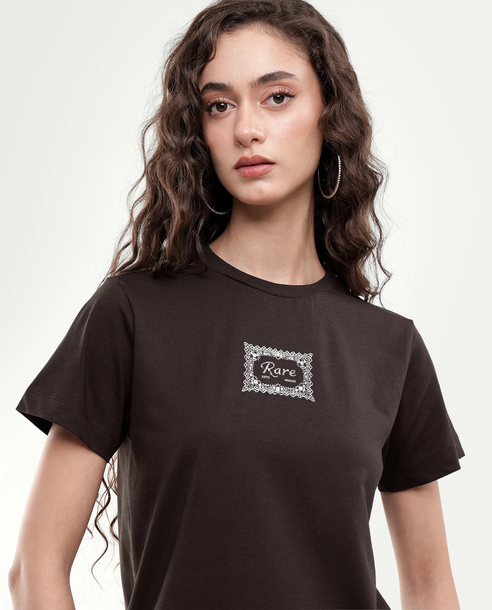 Rareism Women's Pido Dark Brown Cotton Pull-On Regular Fit Hd Print T-Shirt
