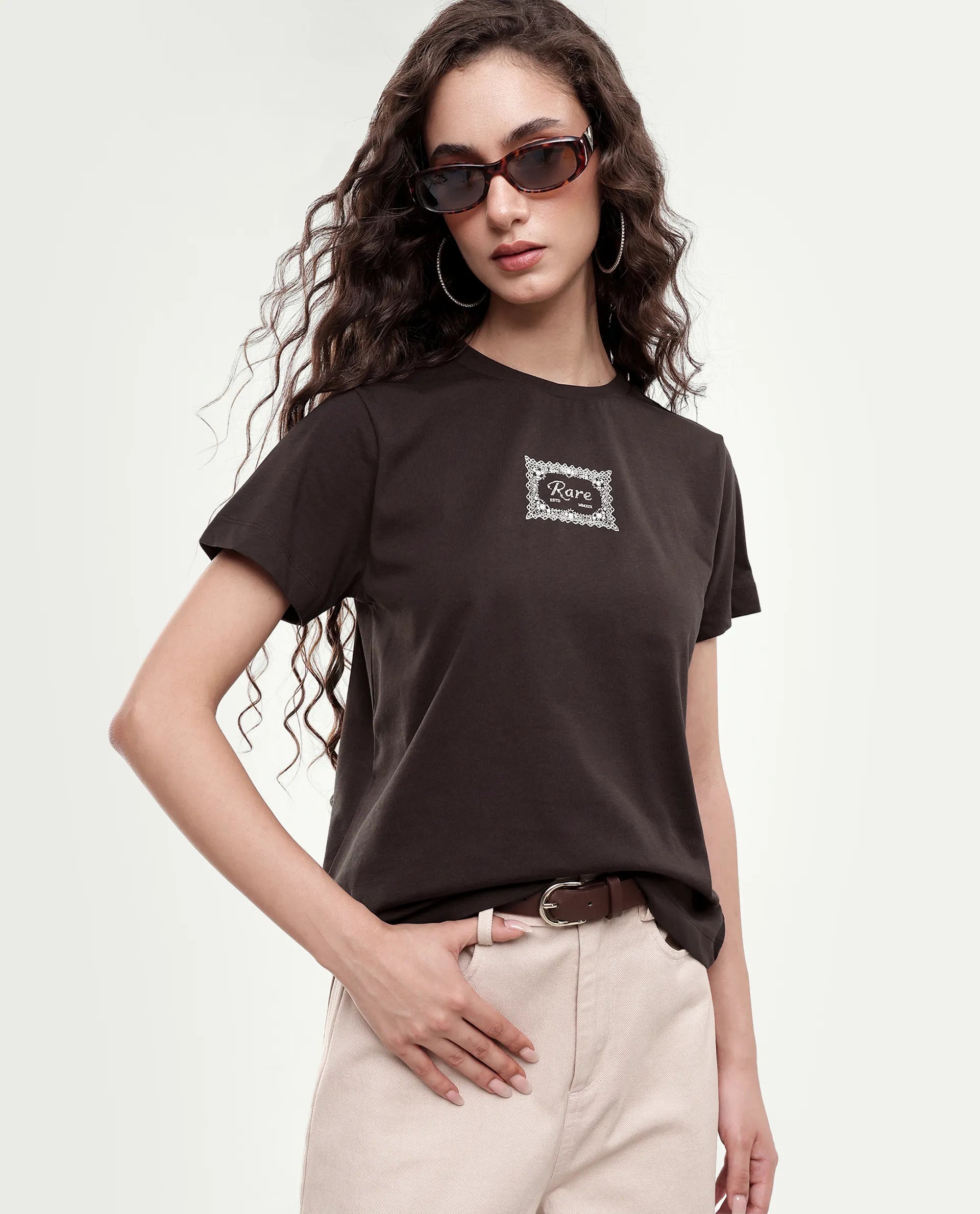 Rareism Women's Pido Dark Brown Cotton Pull-On Regular Fit Hd Print T-Shirt