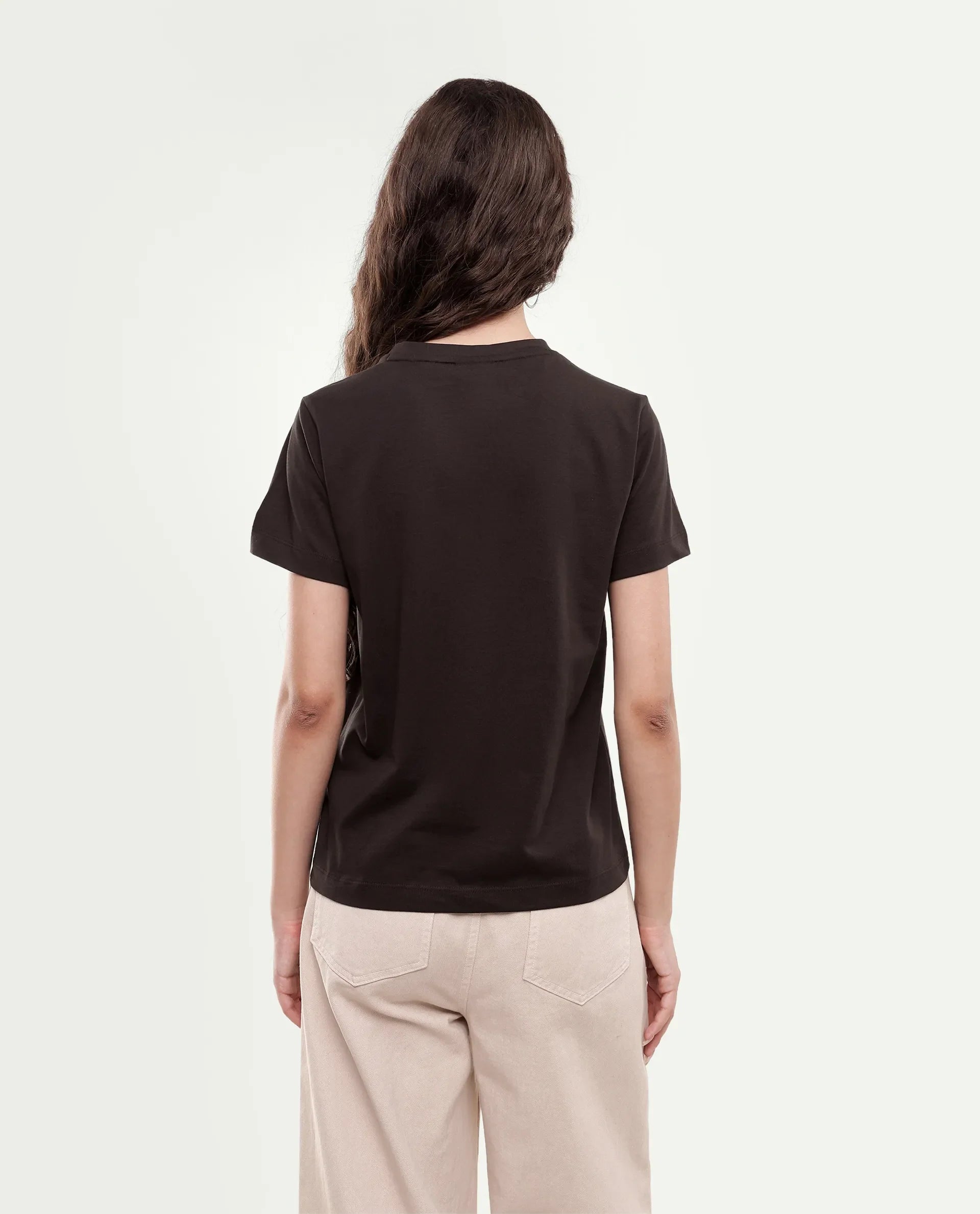 Rareism Women's Pido Dark Brown Cotton Pull-On Regular Fit Hd Print T-Shirt