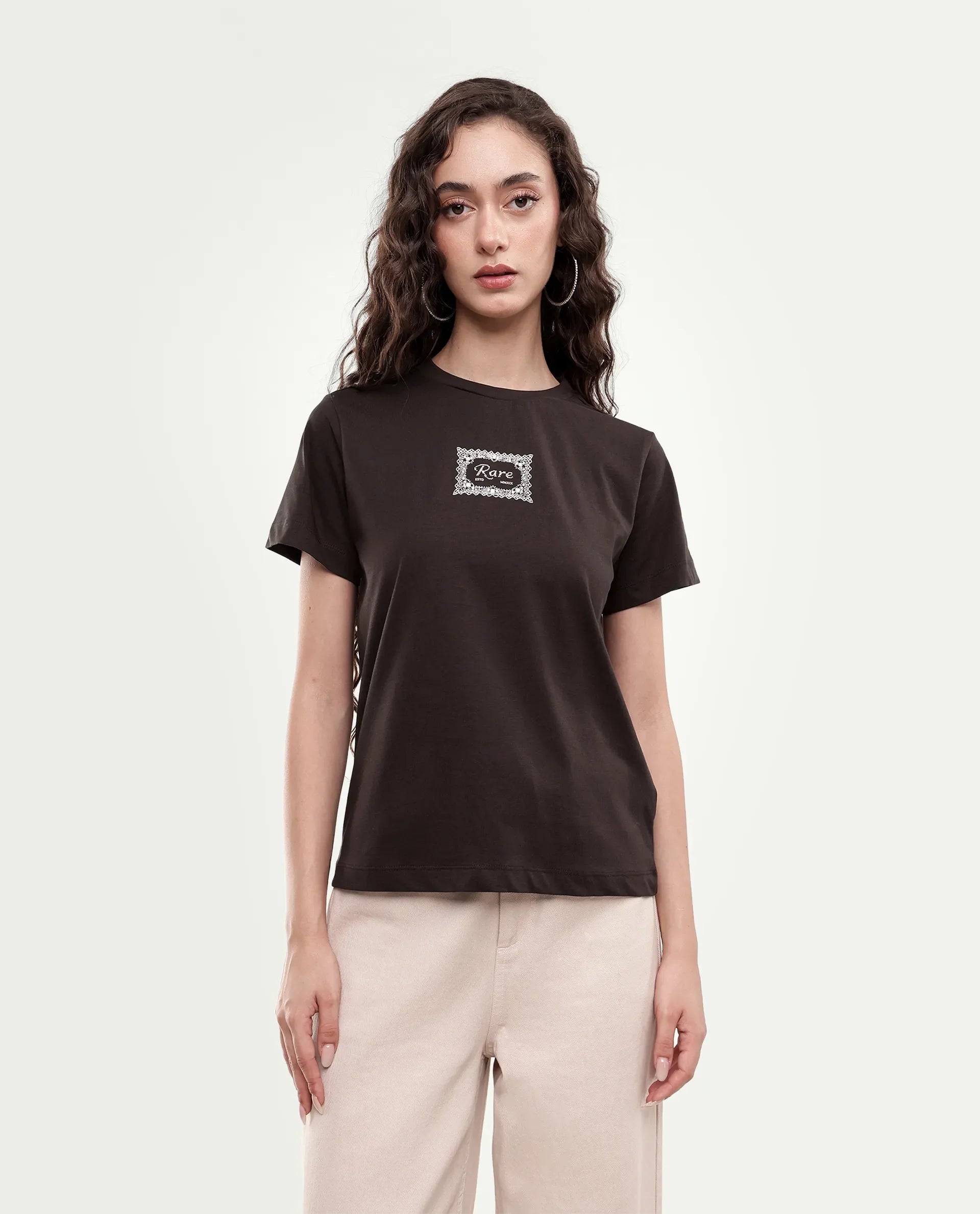 Rareism Women's Pido Dark Brown Cotton Pull-On Regular Fit Hd Print T-Shirt