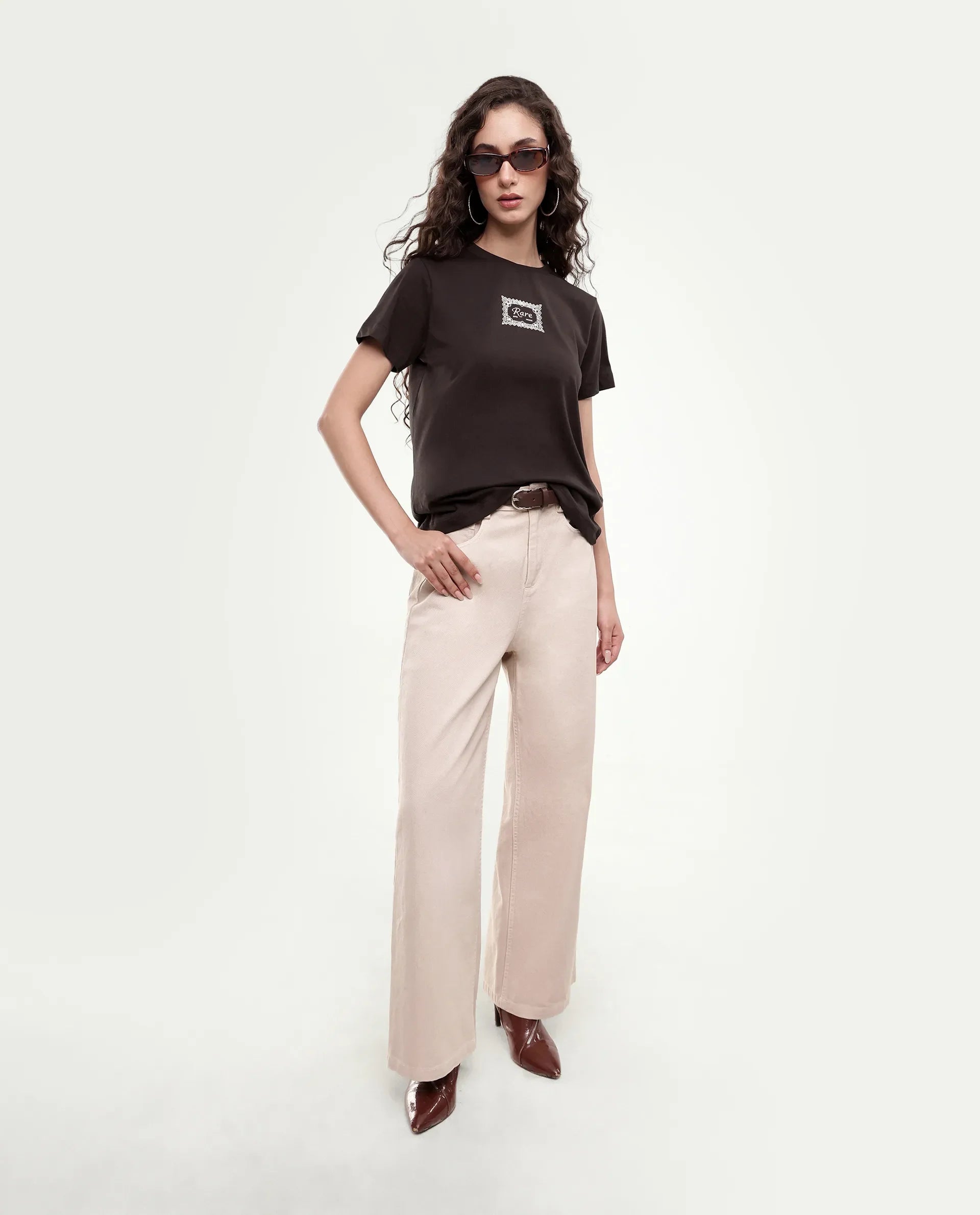 Rareism Women's Pido Dark Brown Cotton Pull-On Regular Fit Hd Print T-Shirt