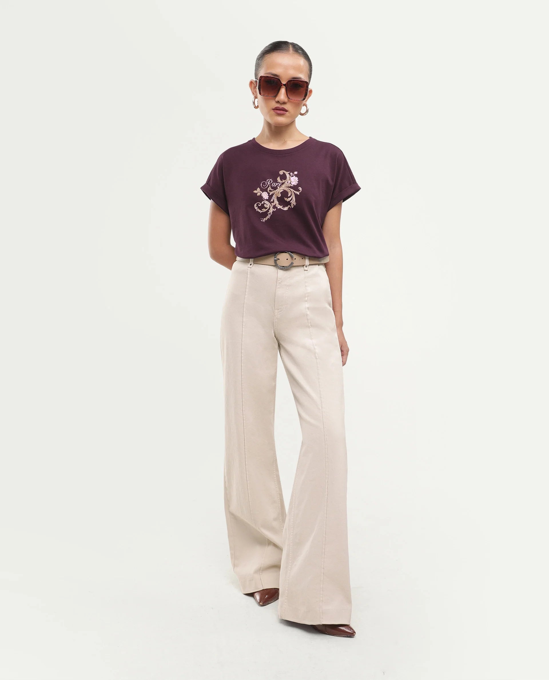 Rareism Women's Pickle Dark Maroon Cotton Pull-On Regular Fit Printed T-Shirt