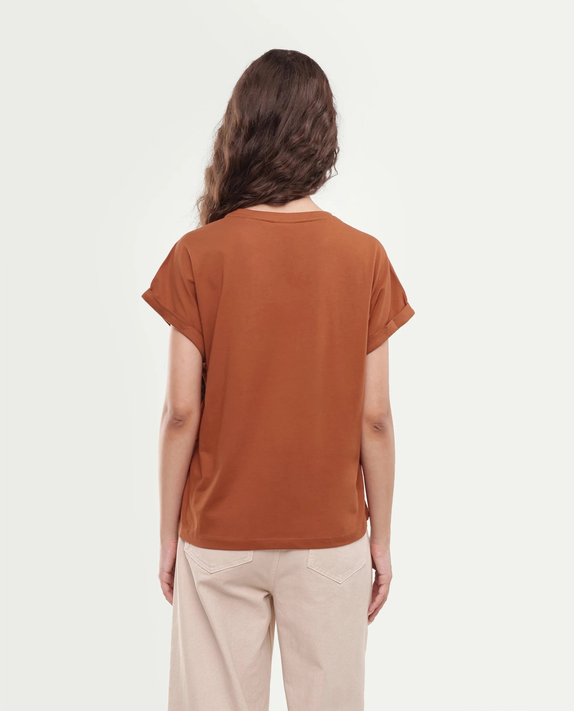 Rareism Women's Paximo Rust Cotton Pull-On Regular Fit Hd Print T-Shirt