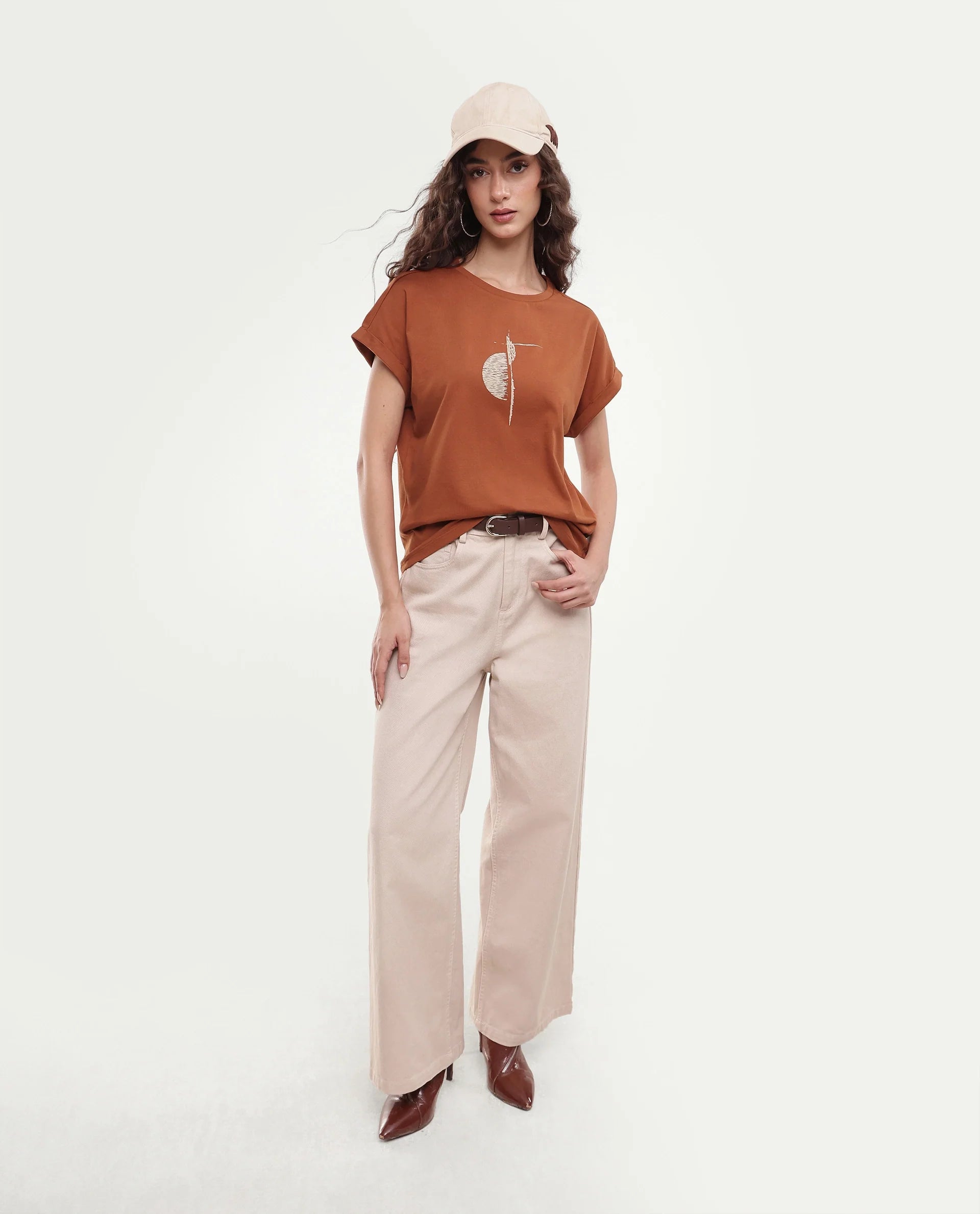 Rareism Women's Paximo Rust Cotton Pull-On Regular Fit Hd Print T-Shirt