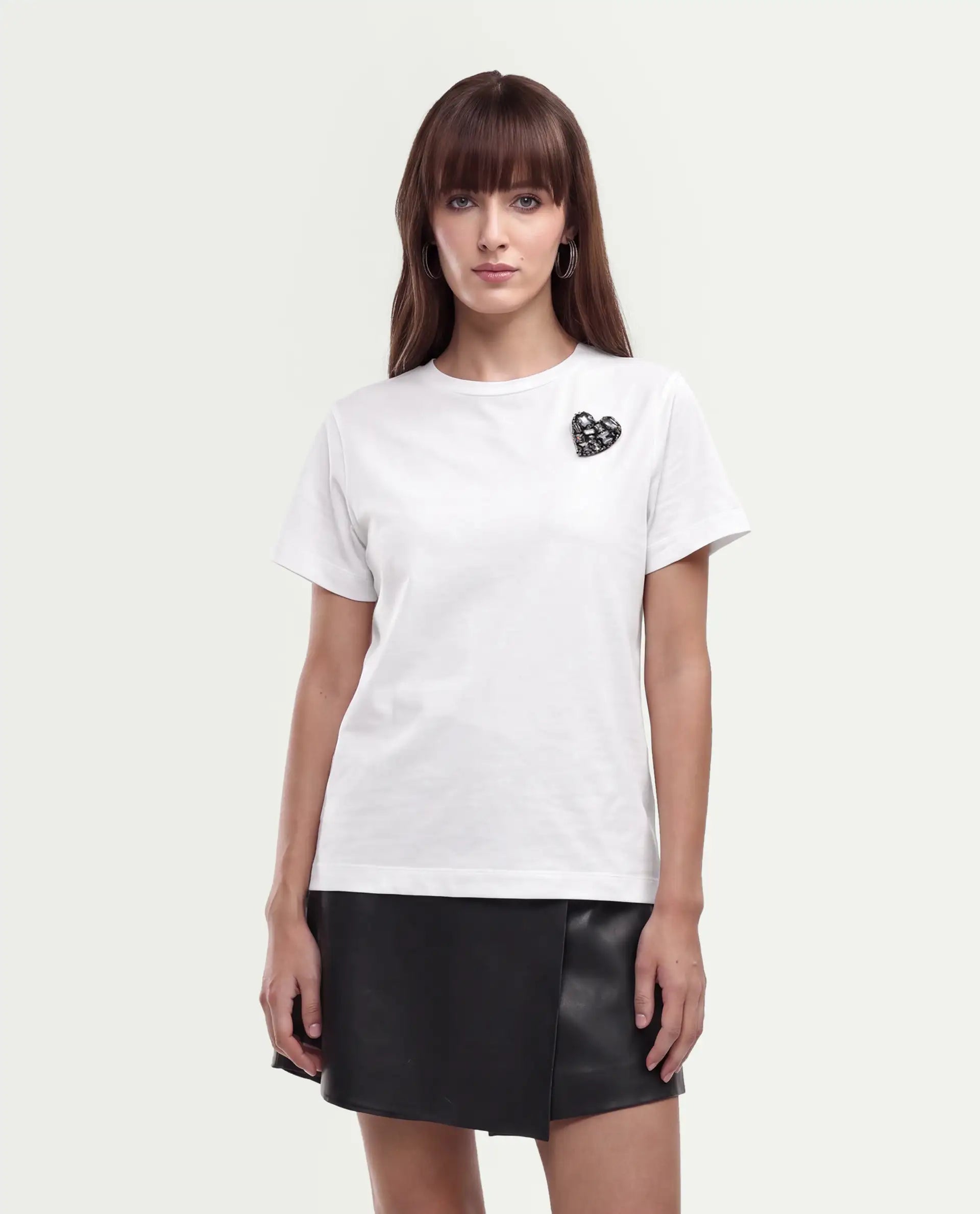 Rareism Women's Pish Off White Cotton Blend Pull-On Regular Fit T-Shirt