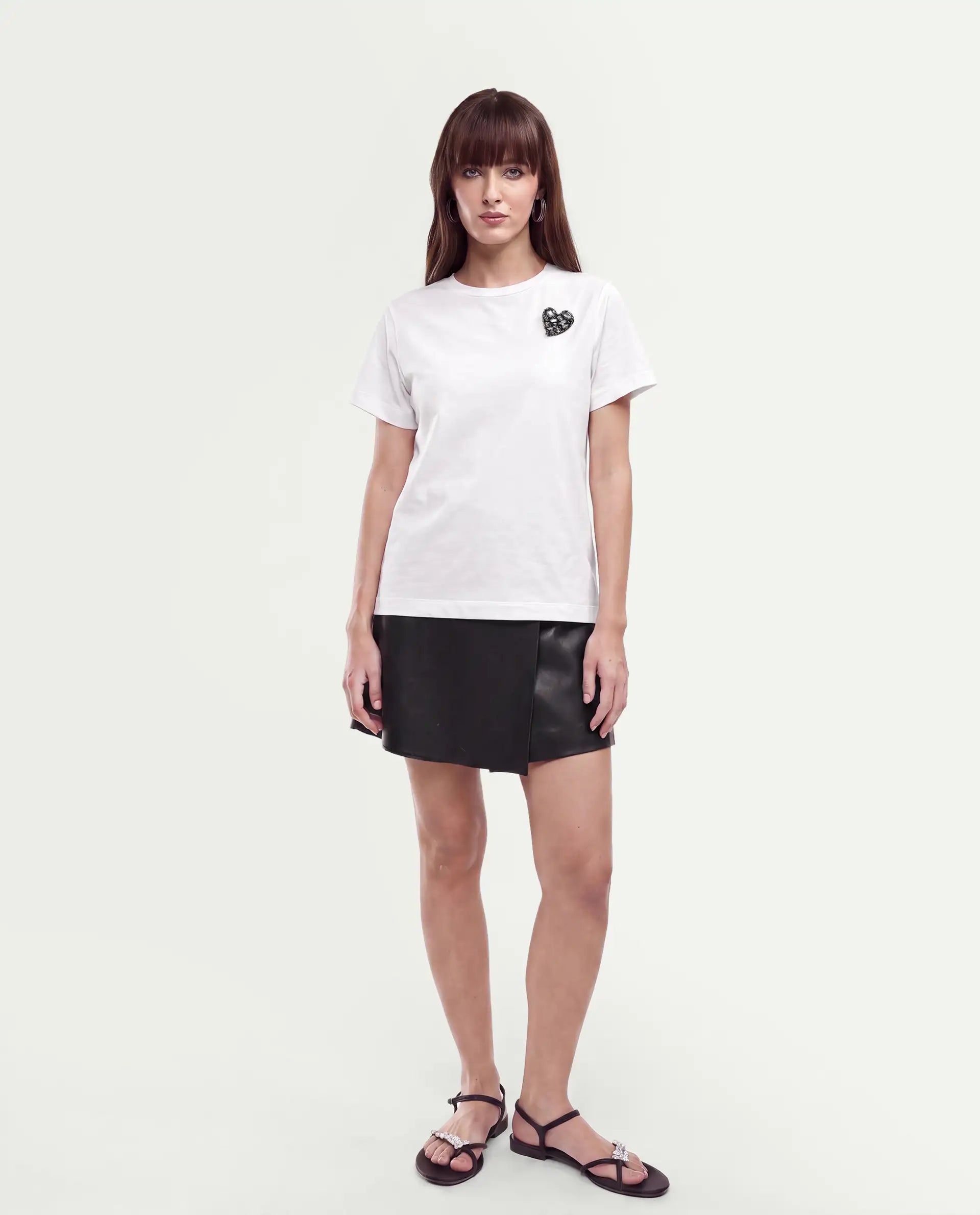 Rareism Women's Pish Off White Cotton Blend Pull-On Regular Fit T-Shirt