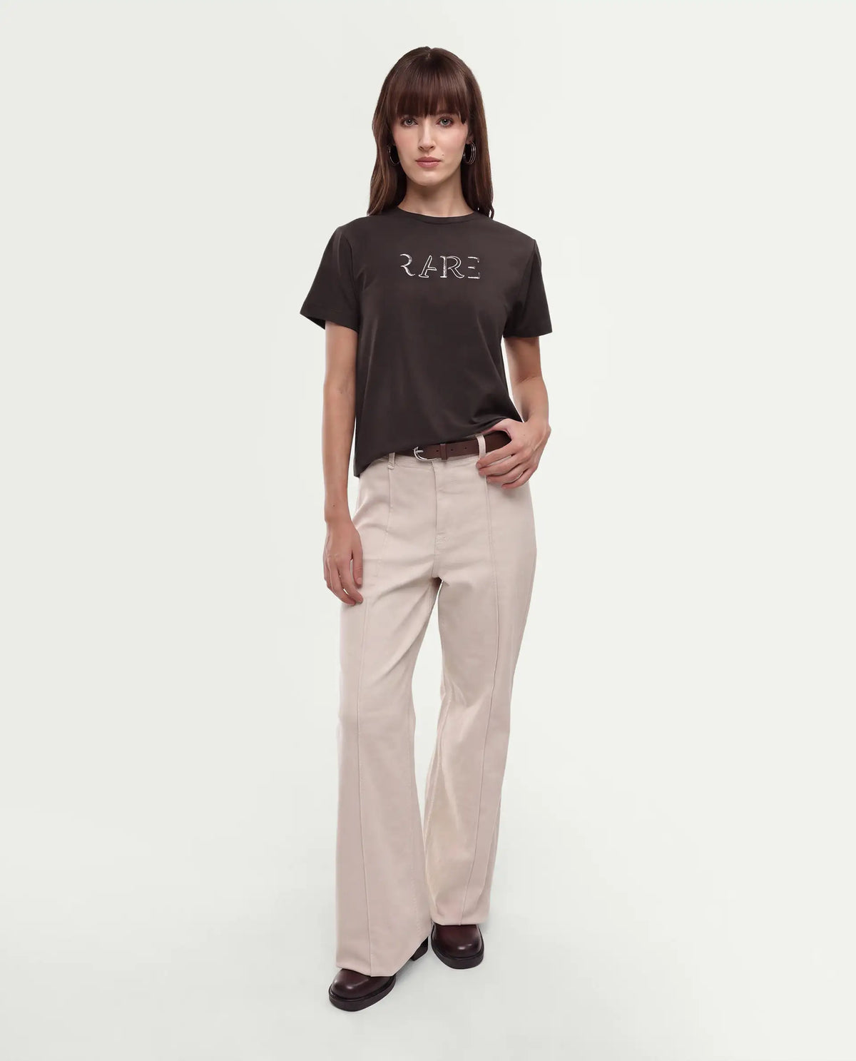 Rareism Women's Peatl Dark Brown Cotton Blend Pull-On Regular Fit Typography Print T-Shirt