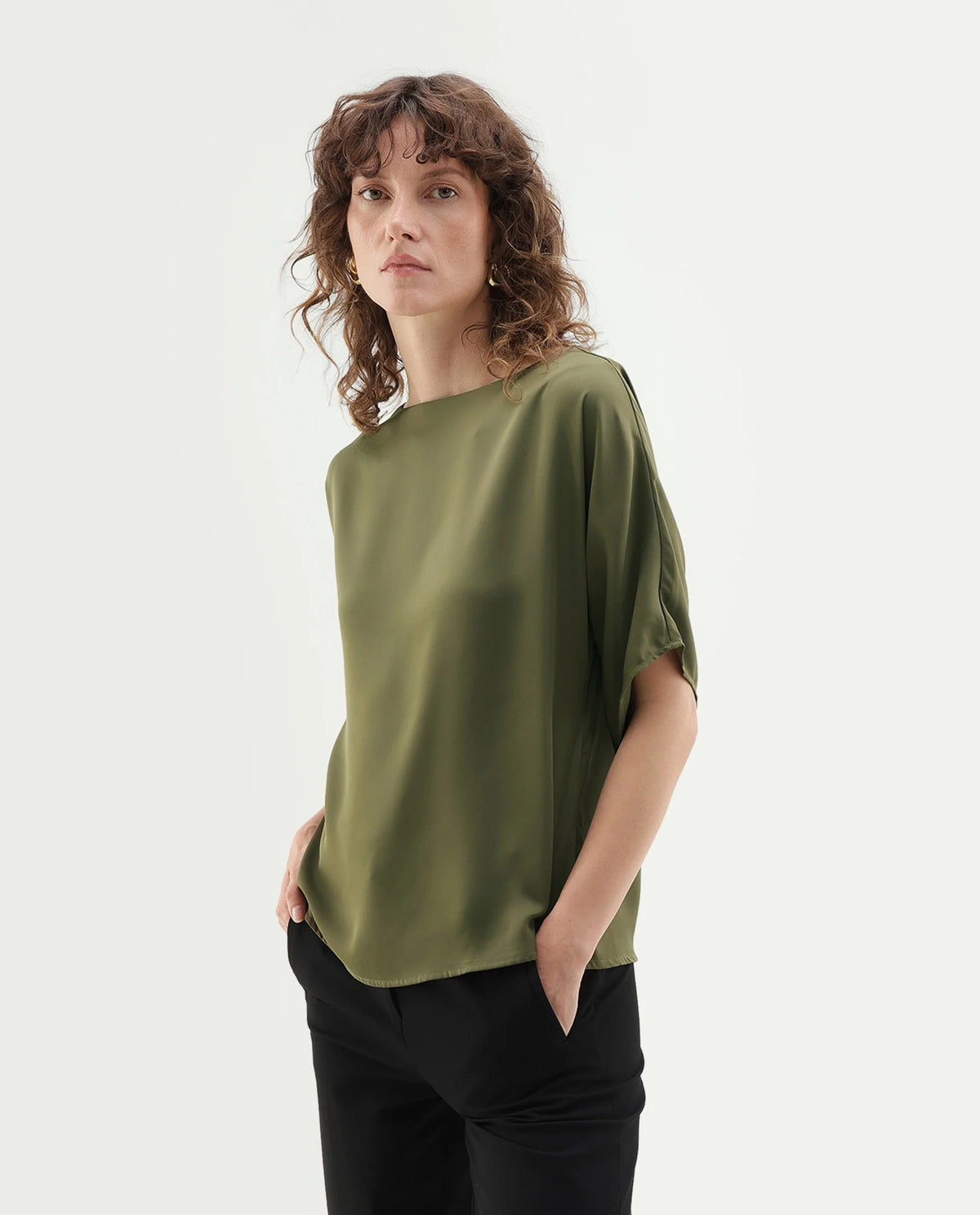 Rareism Women's Yang Olive Polyester Button Relaxed Fit Top