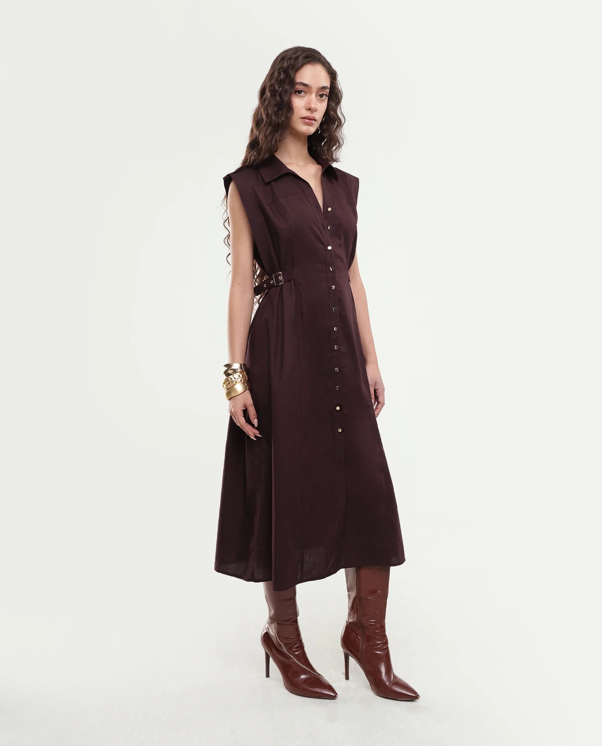 Rareism Women's Yorgo Brown Cotton Button Fit And Flare Plain Dress
