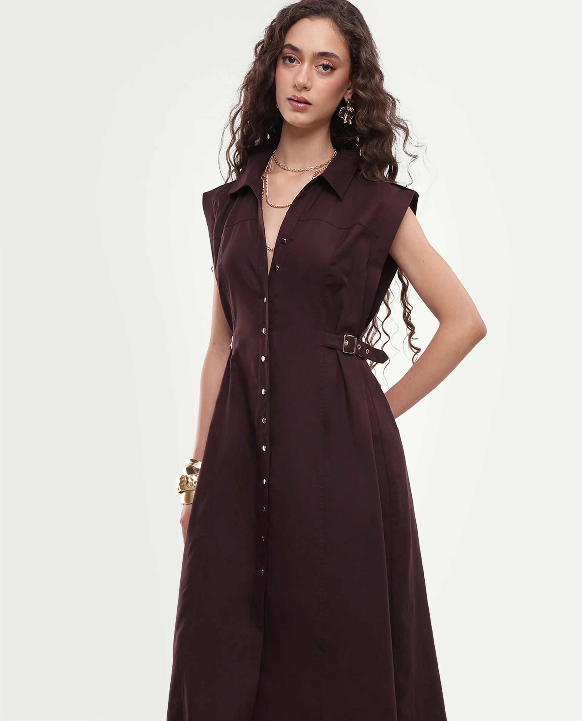 Rareism Women's Yorgo Brown Cotton Button Fit And Flare Plain Dress