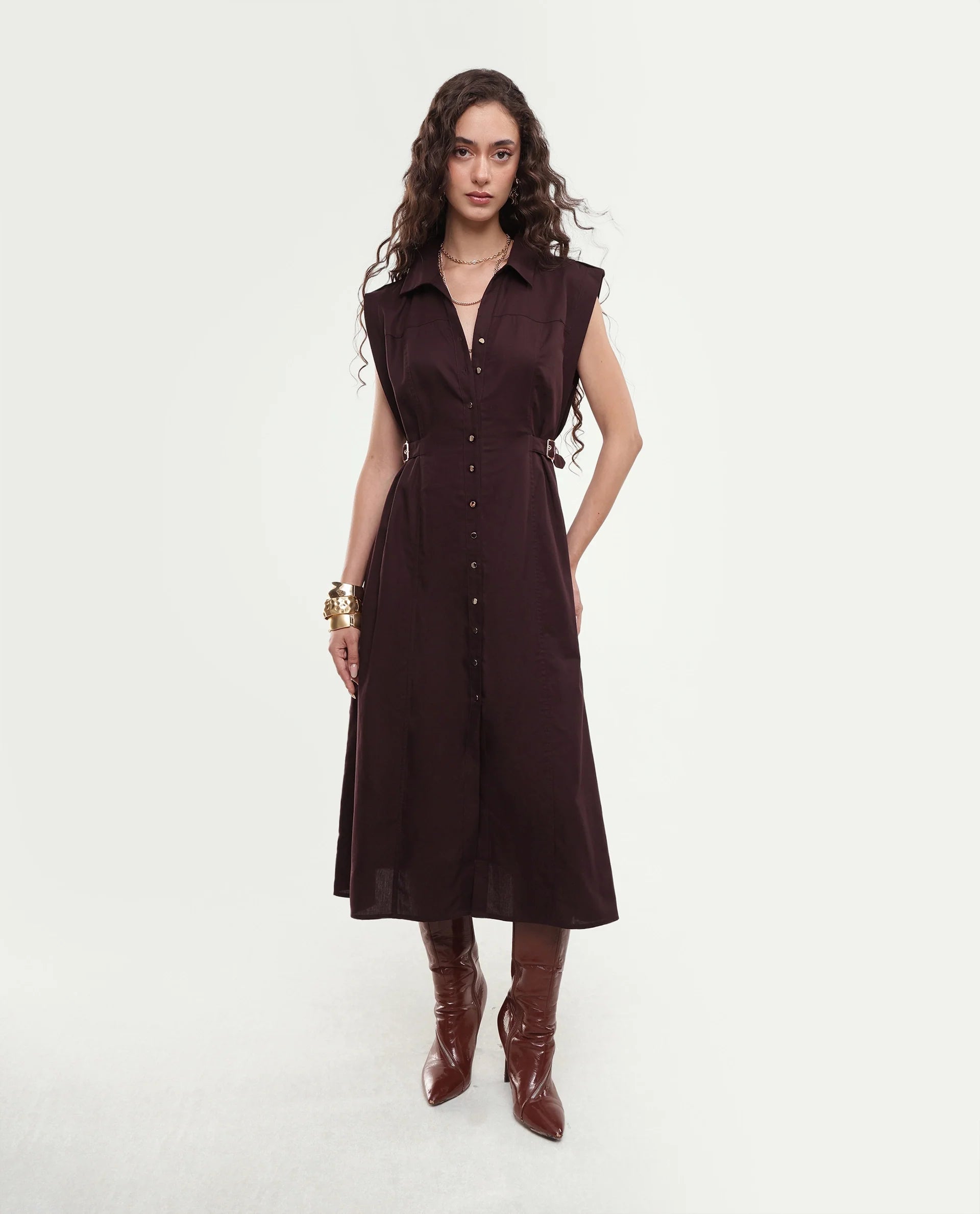 Rareism Women's Yorgo Brown Cotton Button Fit And Flare Plain Dress