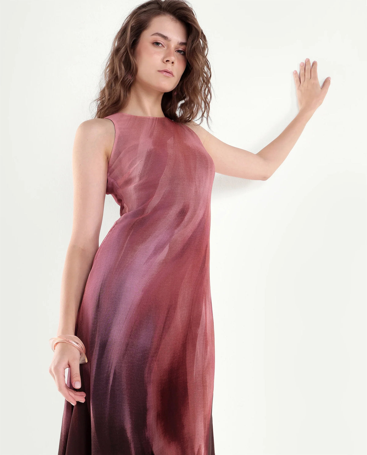 Rareism Women's Yupin Pink Viscose Button And Zip A-Line Abstract Print Dress