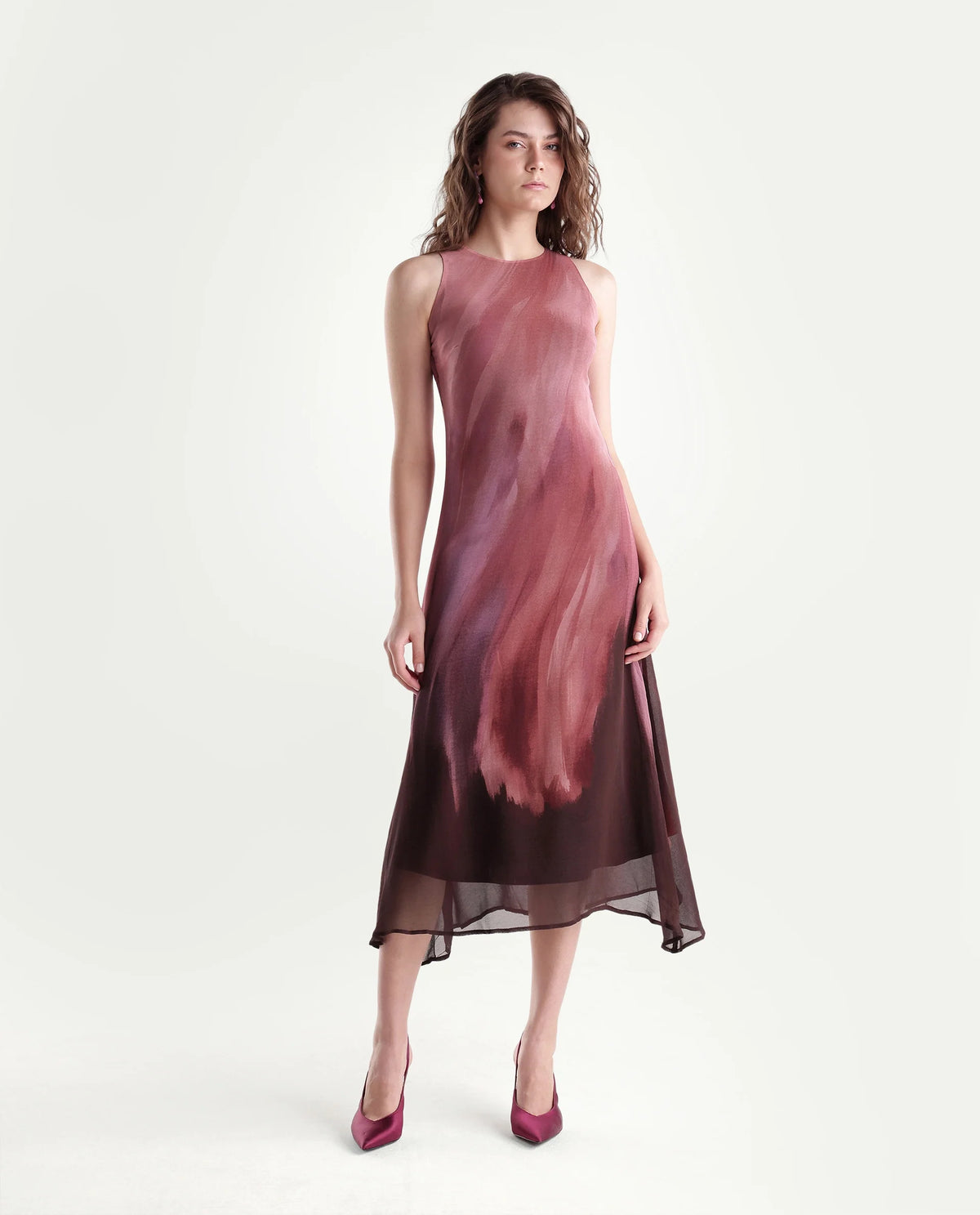 Rareism Women's Yupin Pink Viscose Button And Zip A-Line Abstract Print Dress